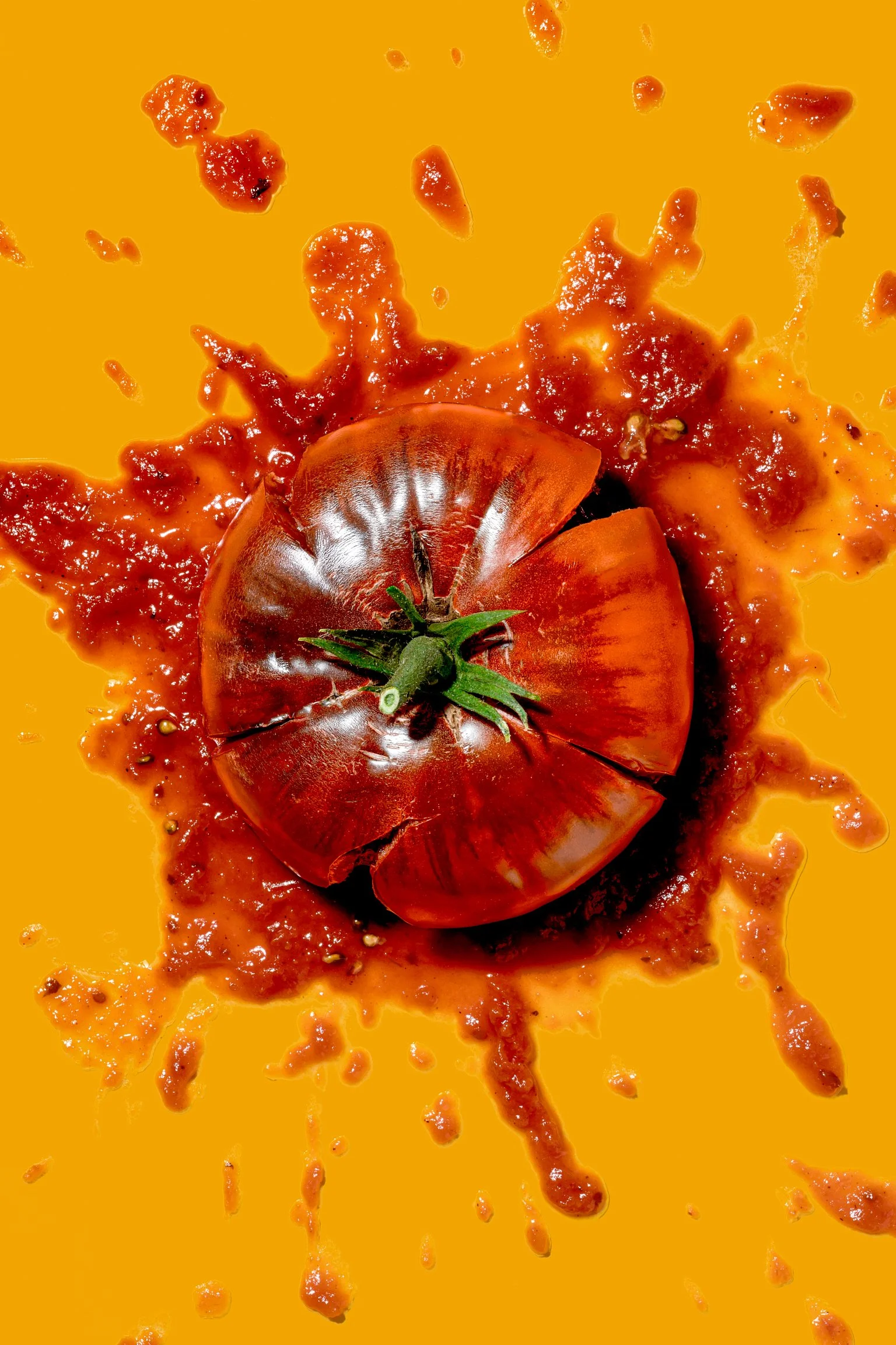 Squished tomato with tomato sauce splatter on a bright yellow background