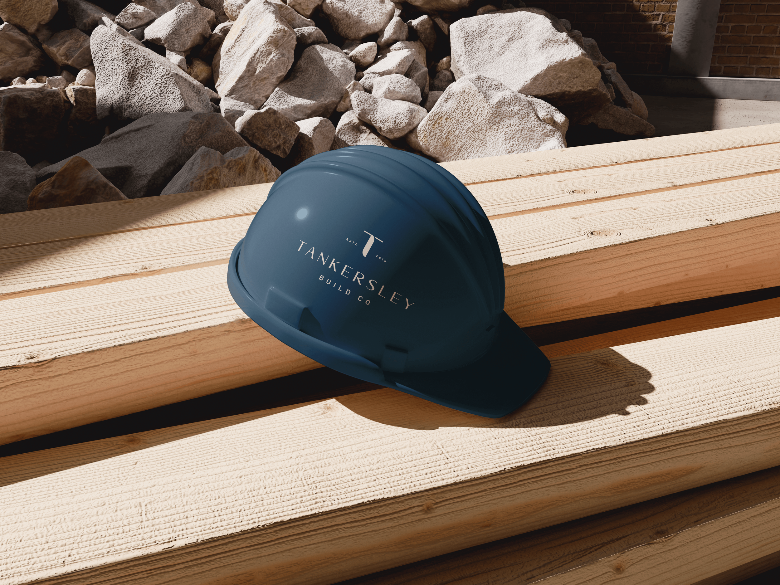 Tankersley Build Co. branding mockup with their logo on a hard hat.