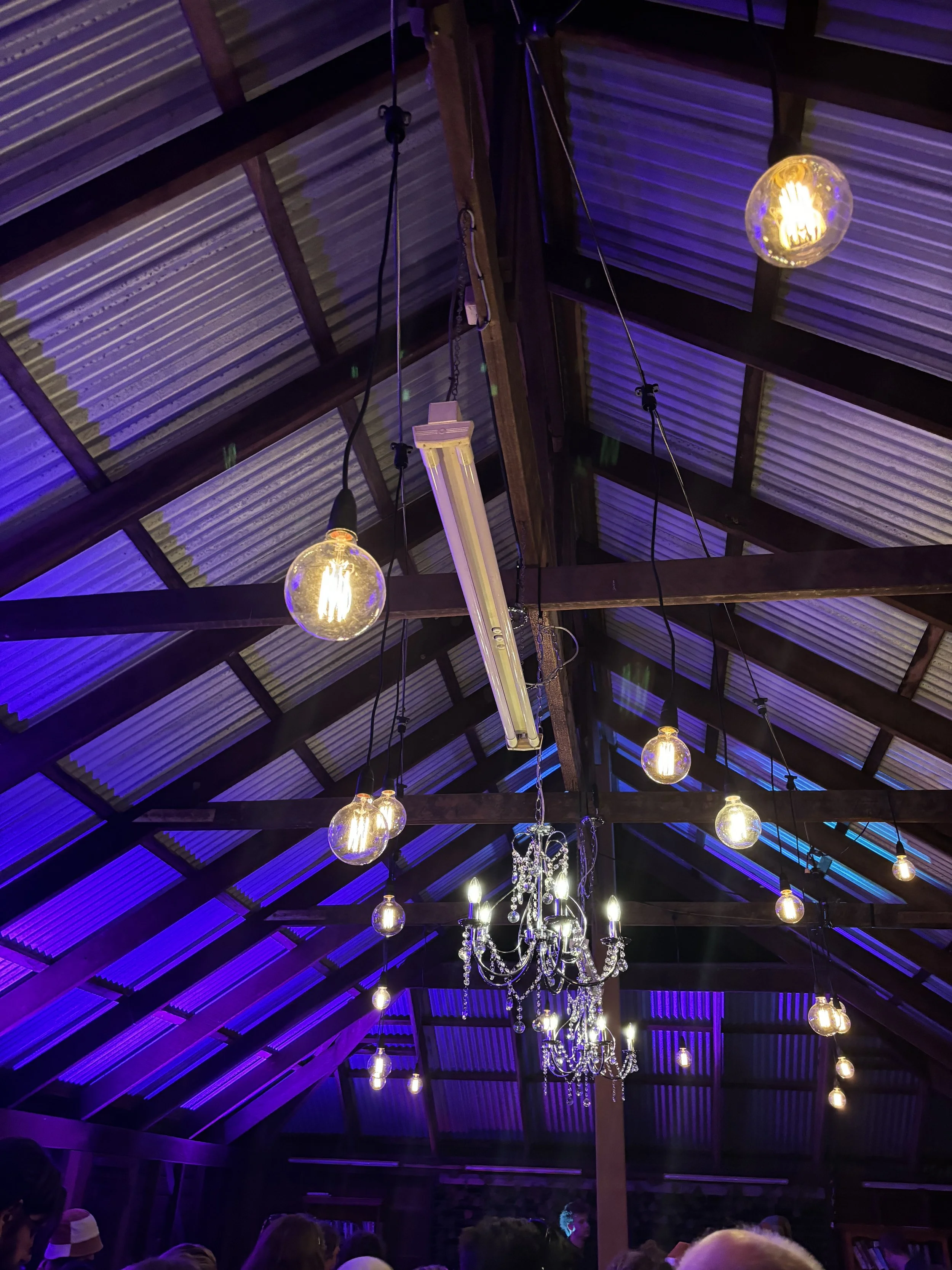 Inside a rustic barn with a metal roof, decorated with hanging Edison-style bulbs, a chandelier with crystals, and a fluorescent light fixture, with people at the bottom of the image.