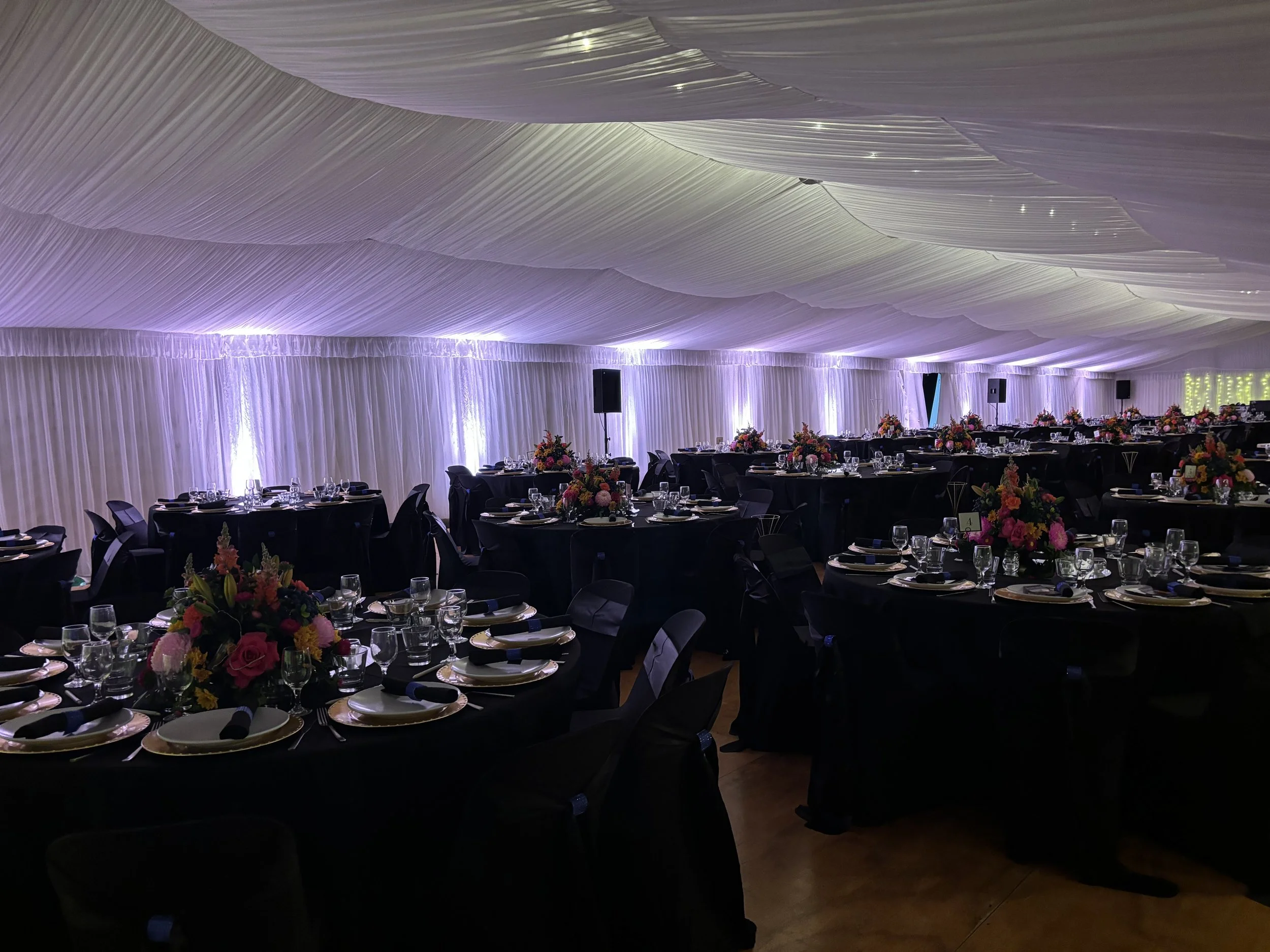 Elegant event setup in a large tent with draped ceiling, featuring round tables dressed in black tablecloths, set with plates and glassware, and adorned with colorful floral centerpieces.