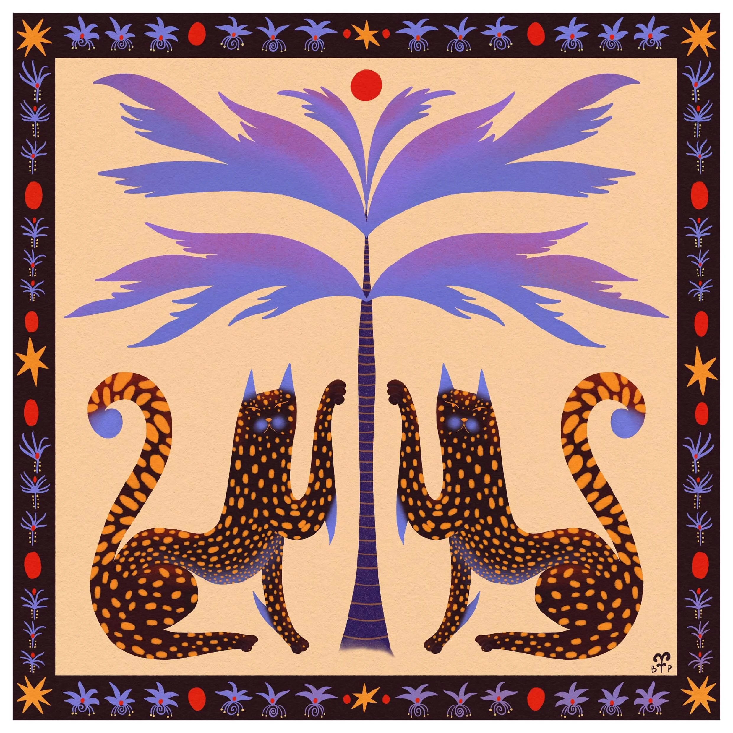 Spotty cats relax under a tree with a art border that has stars and abstract palm motifs. New Zealand Fine art prints