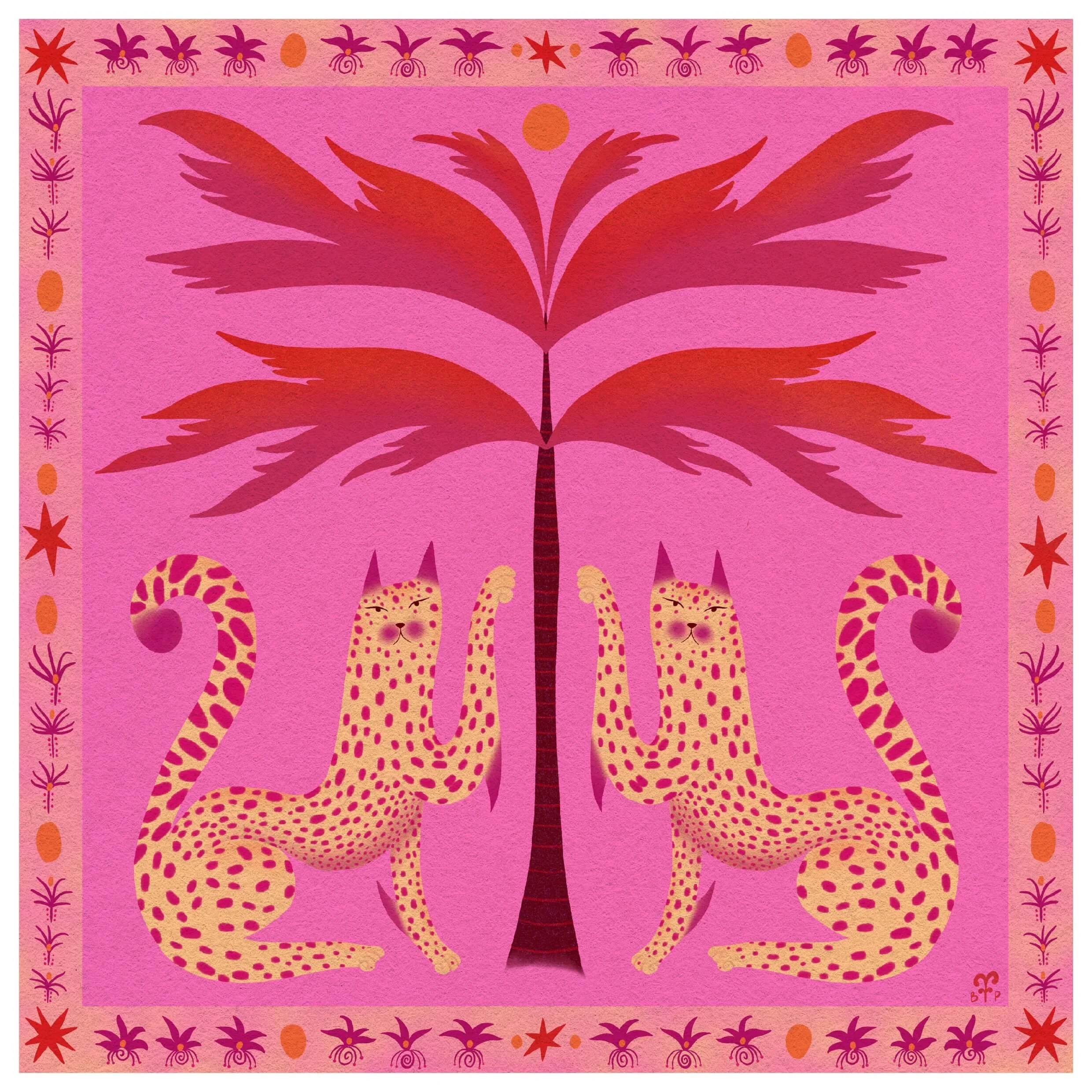 2 Pink spotted cats scratch a palm tree. Vibrant and expressive art prints make a fun and colourful addition to any home, living space, office space and interiors