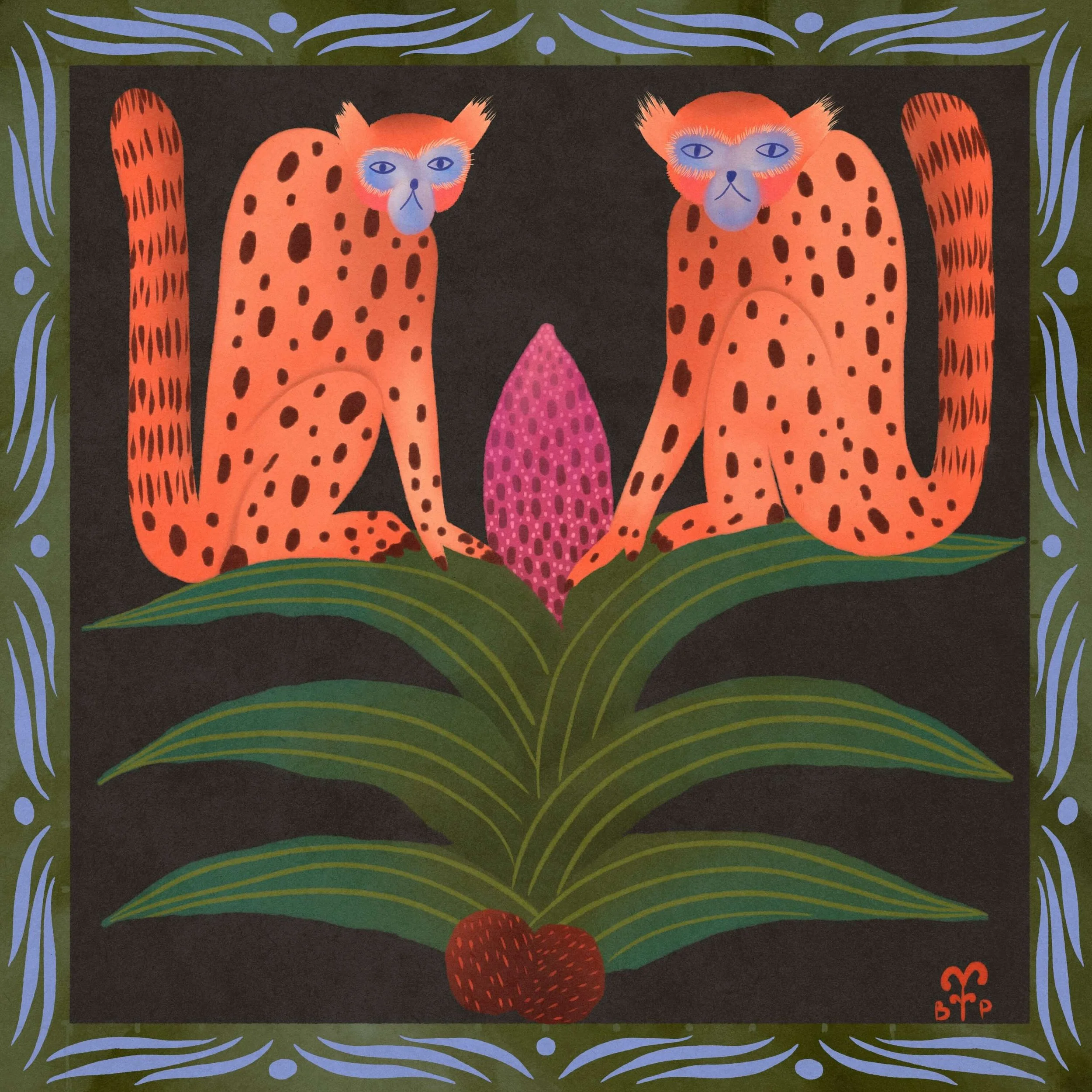 fine art print of Two spotted Monkeys with blue faces sit on top of a palm tree with a pink flower and two coconuts.jpg