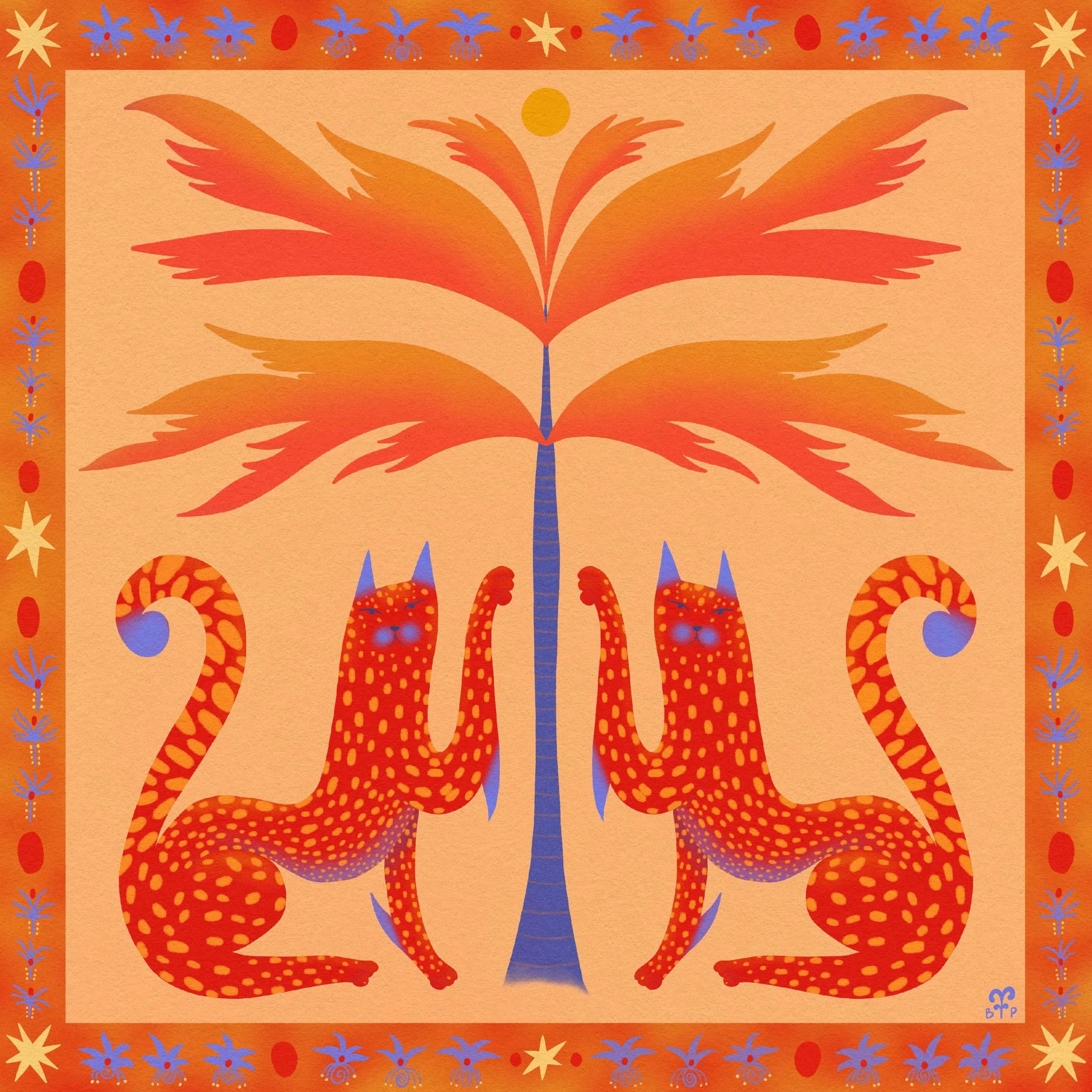 folk art print vibrant cats and palm for home decor