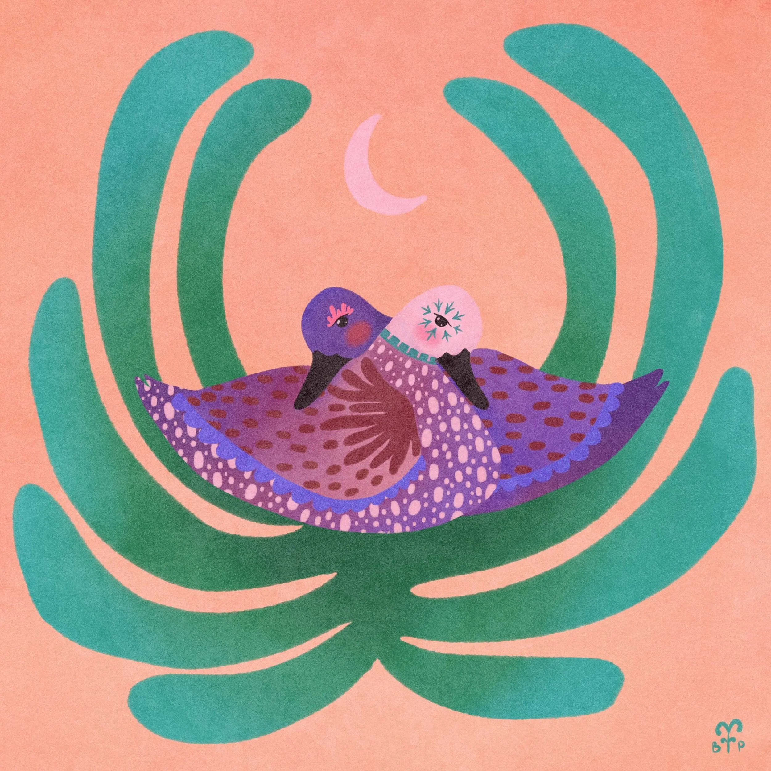 Paradise ducks fine art print native new zealand birds with abstract leaf under the moon.jpg