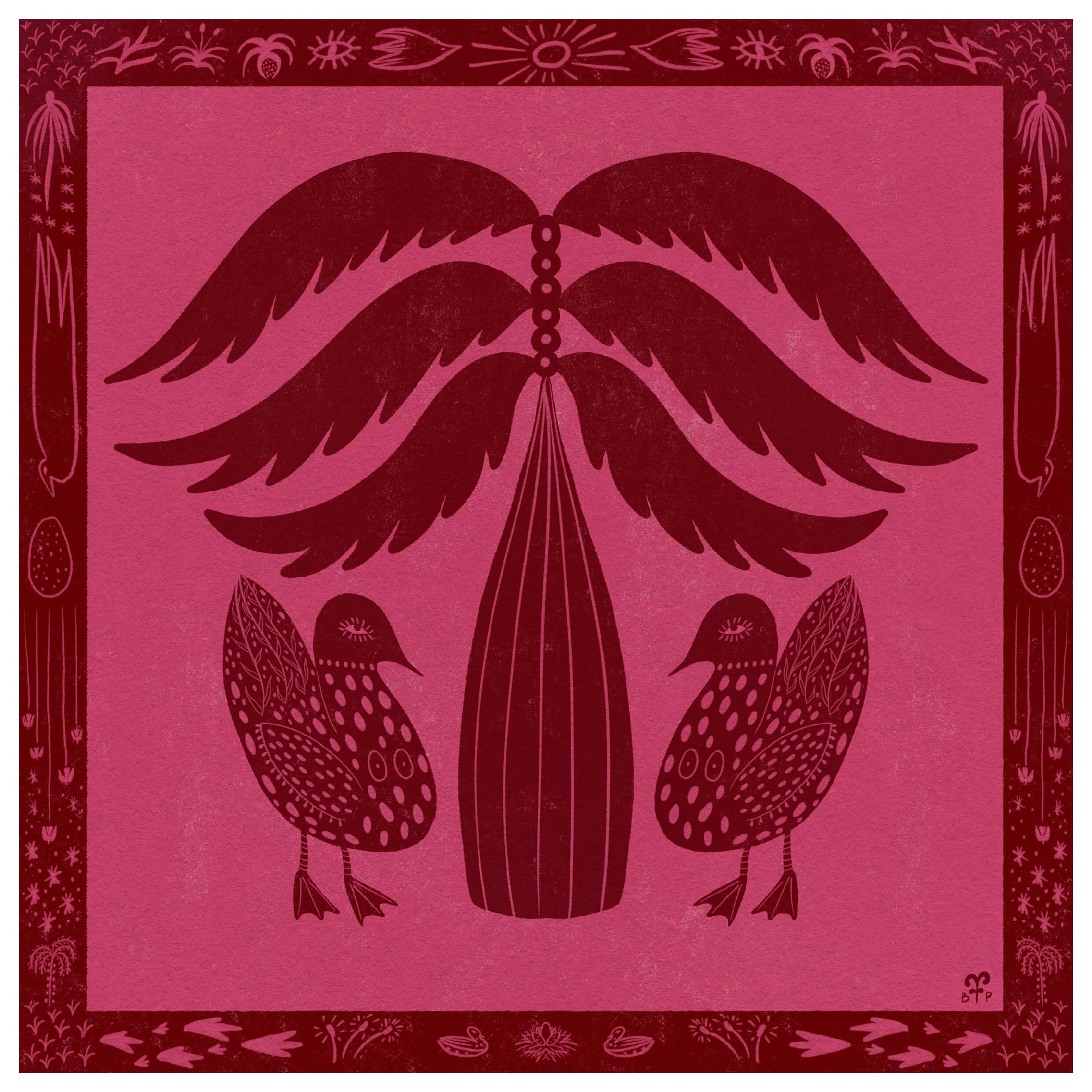 raspberry and maroon folk art ducks, artist nz