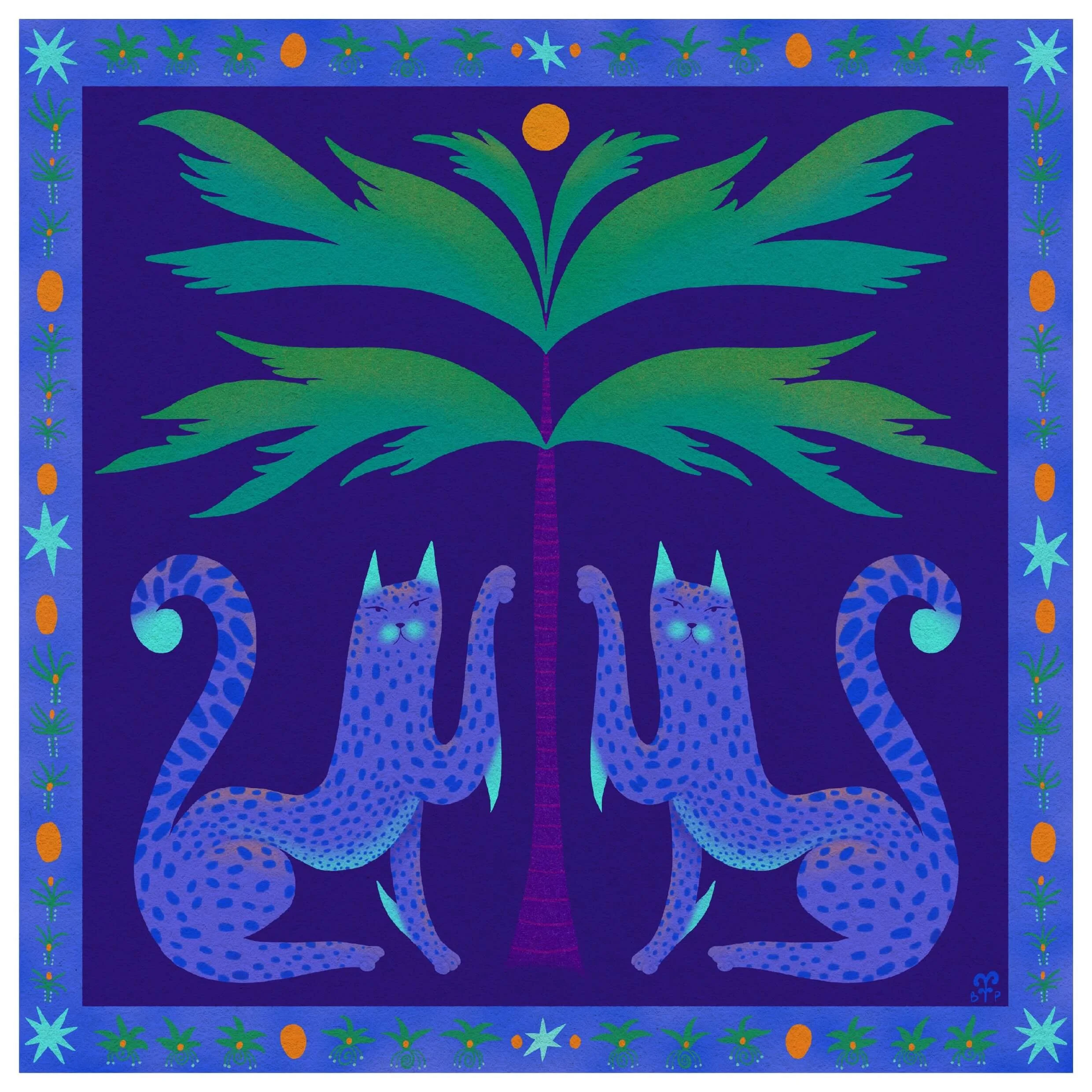 Spotted cats at midnight with an orange full moon, sit under the tree. perfect for cat lovers. NZ illustrative art prints