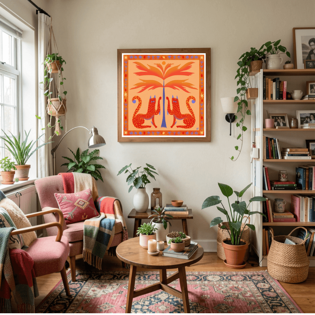 Bohemian and eclectic interior homes with New Zealand fine art prints. two spotted cats in 'Under the Palm Tree' art print is perfect gift for cat lovers