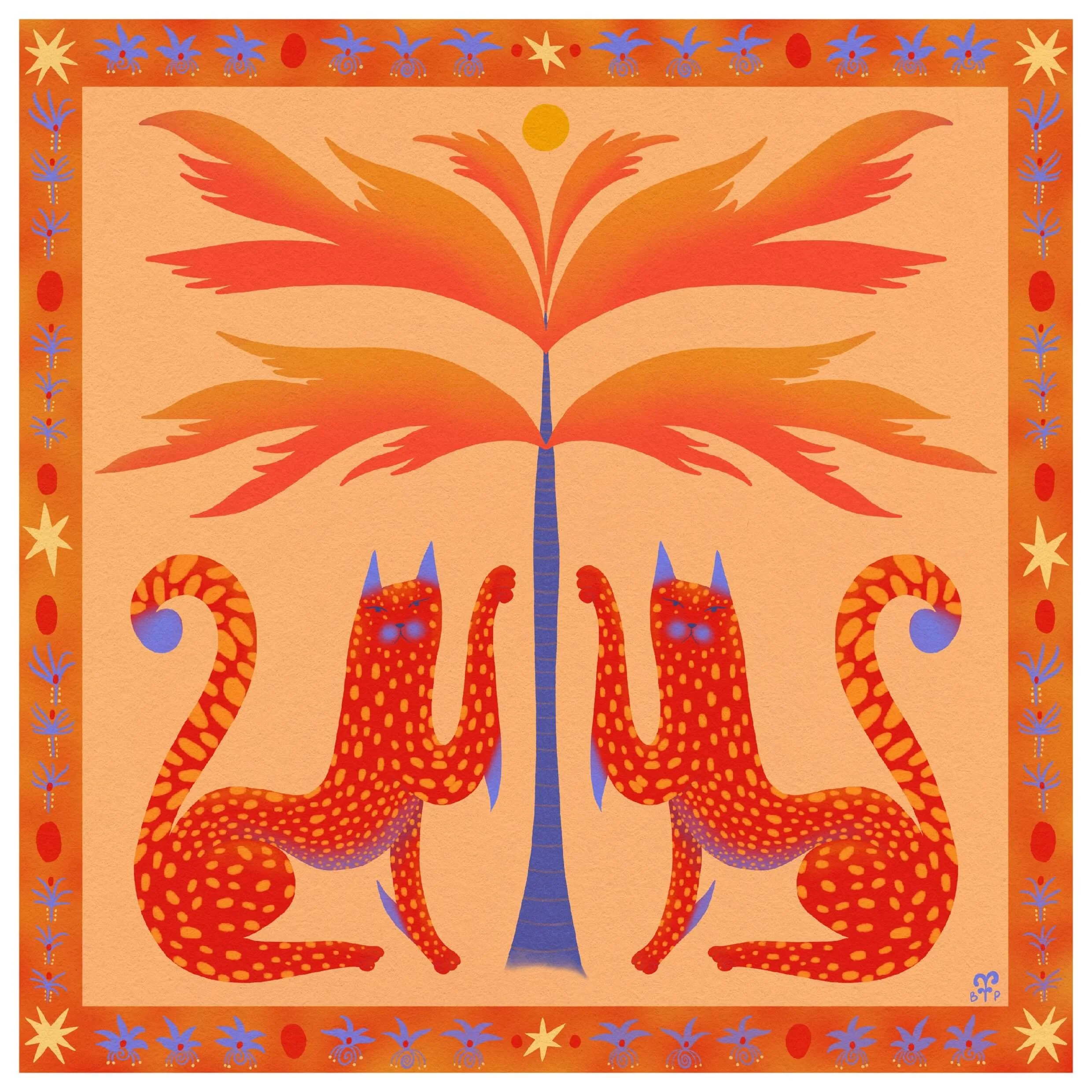 two spotted cats sit under a palm tree relaxing. Illustrative and folk style New Zealand art prints for eclectic homes and interiors