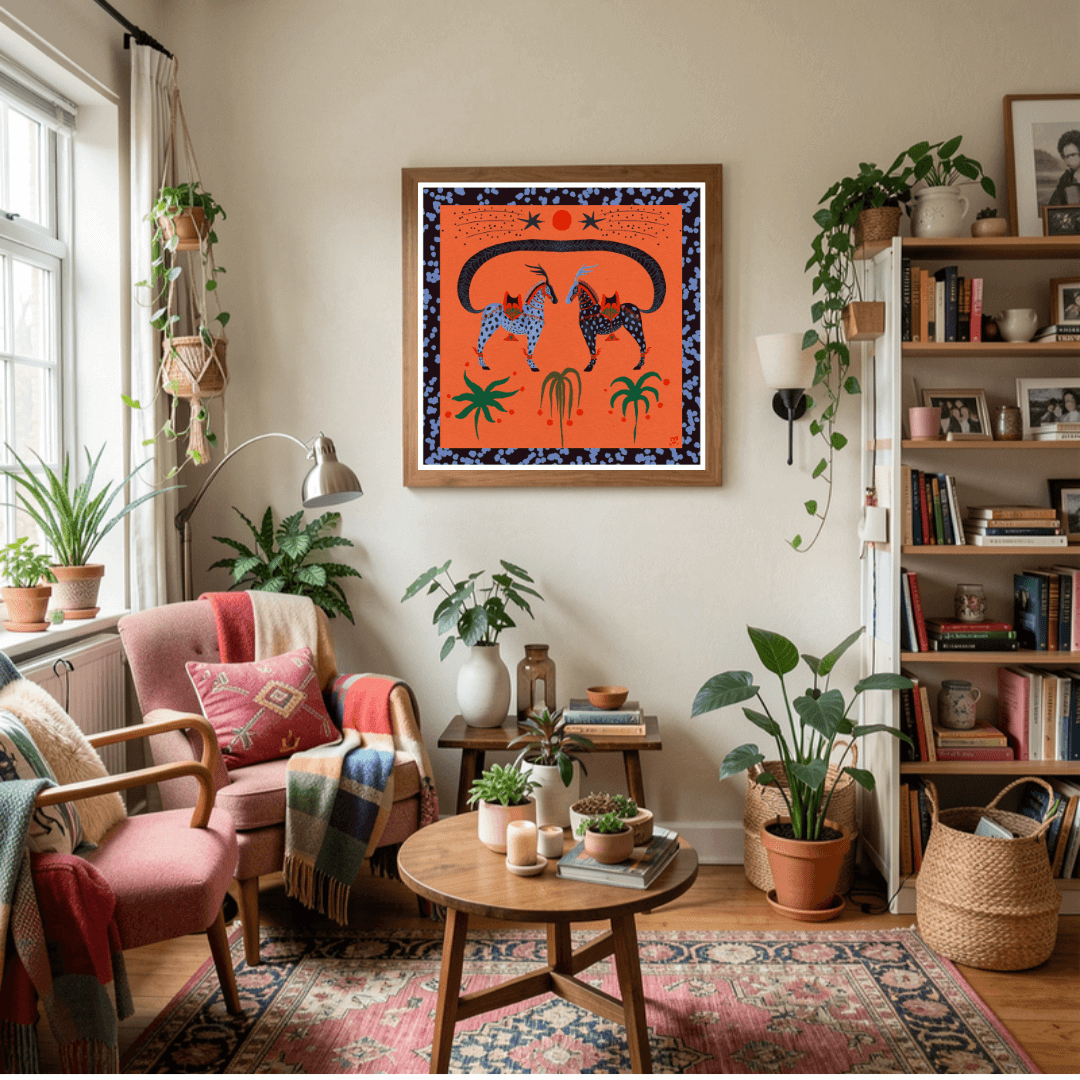 NZ vibrant and expressive folk art for interior design and home decor.