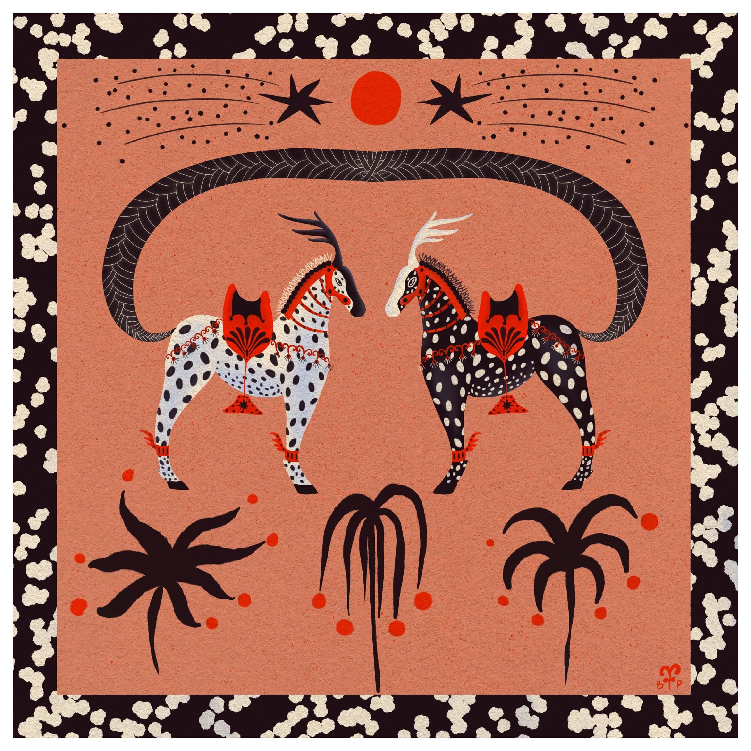 A white and Black spotted war horses in love on the battlefield. with shooting stars and palm trees. A spotted border in black and white surrounds them. New Zealand glicée prints