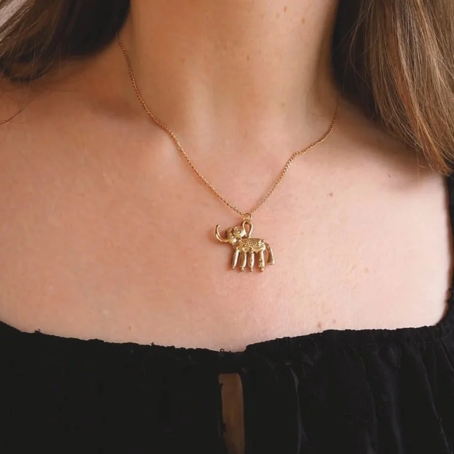 Dreaming elephant bronze pendant on gold-plated sterling silver necklace chain
