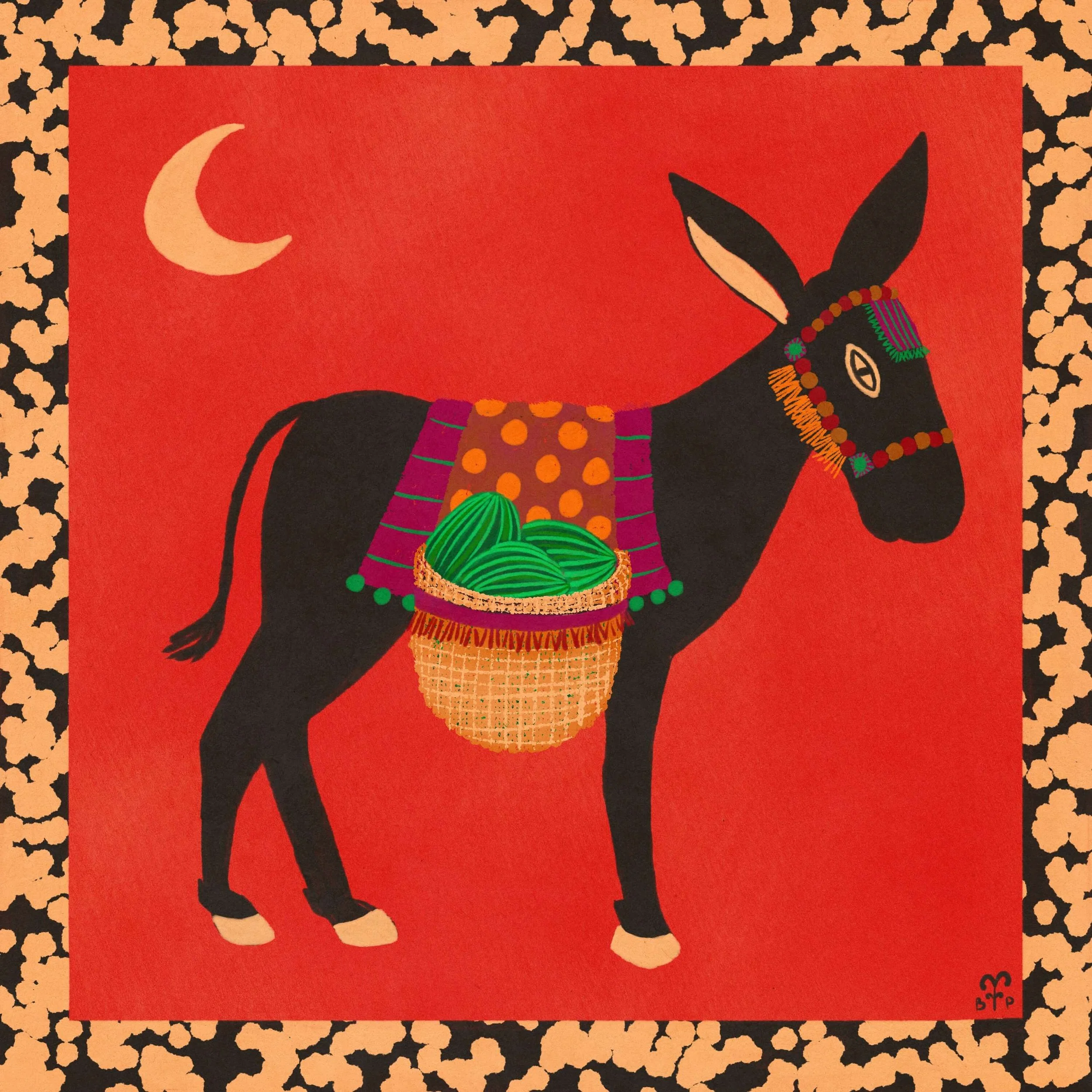 Black donkey holding watermelons on his back under the moon with a bold red background fine art print .jpg