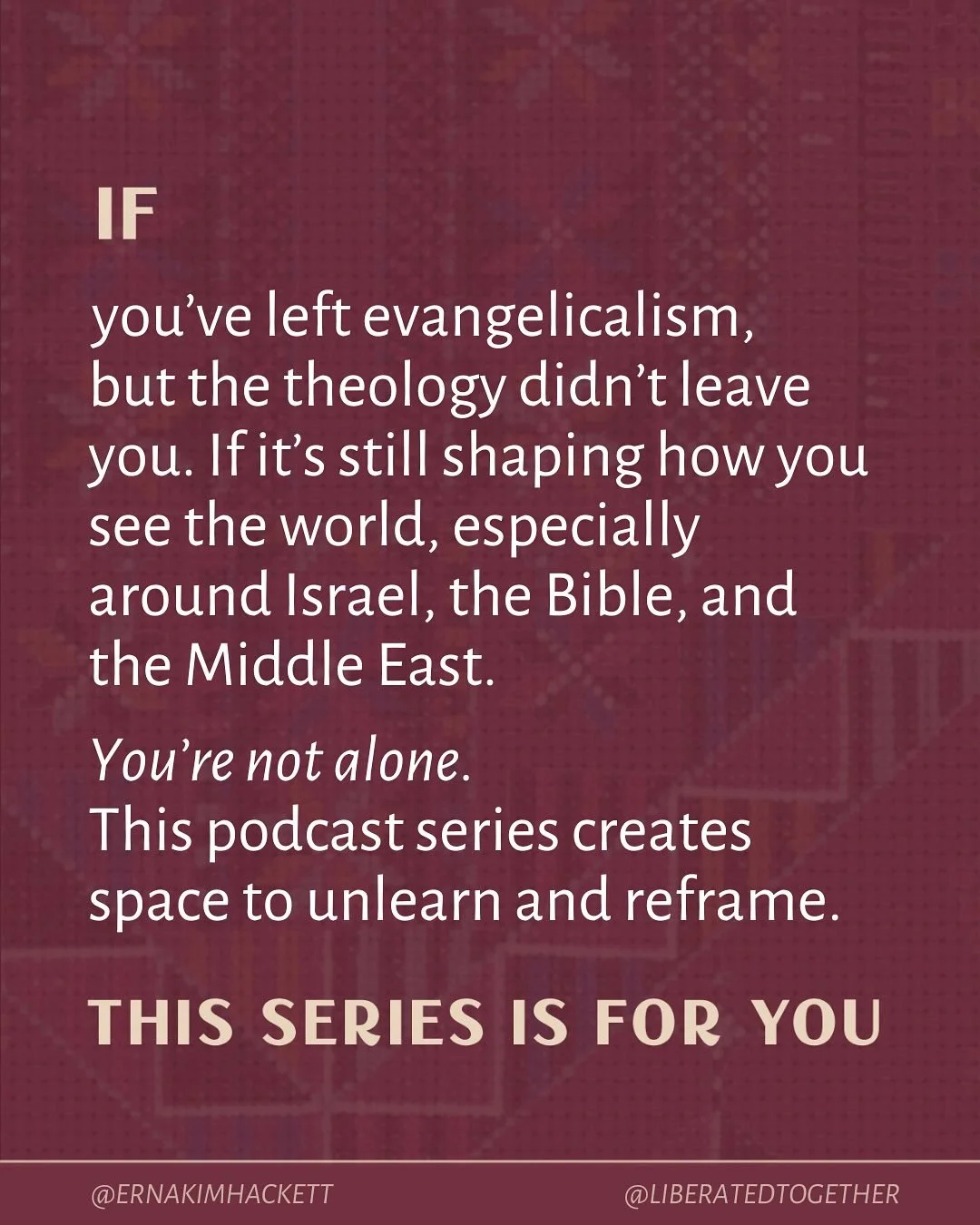 This podcast is for those of us who are untangling our faith and wrestling with how evangelicalism still shapes the way we see the world. For many, what we were taught about Israel, Palestine, and the Bible left us with confusion, silence, or half-an