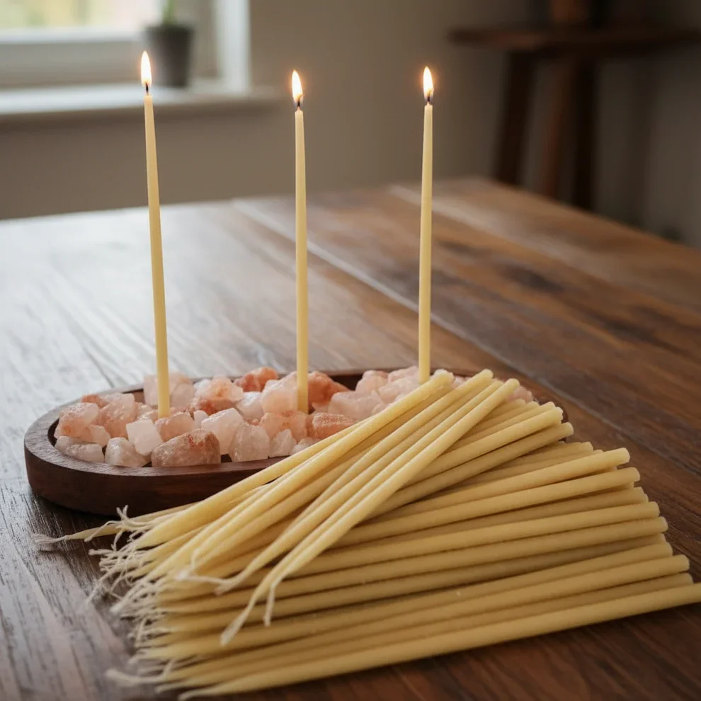 thin beeswax candles in pink himalayan salt.webp