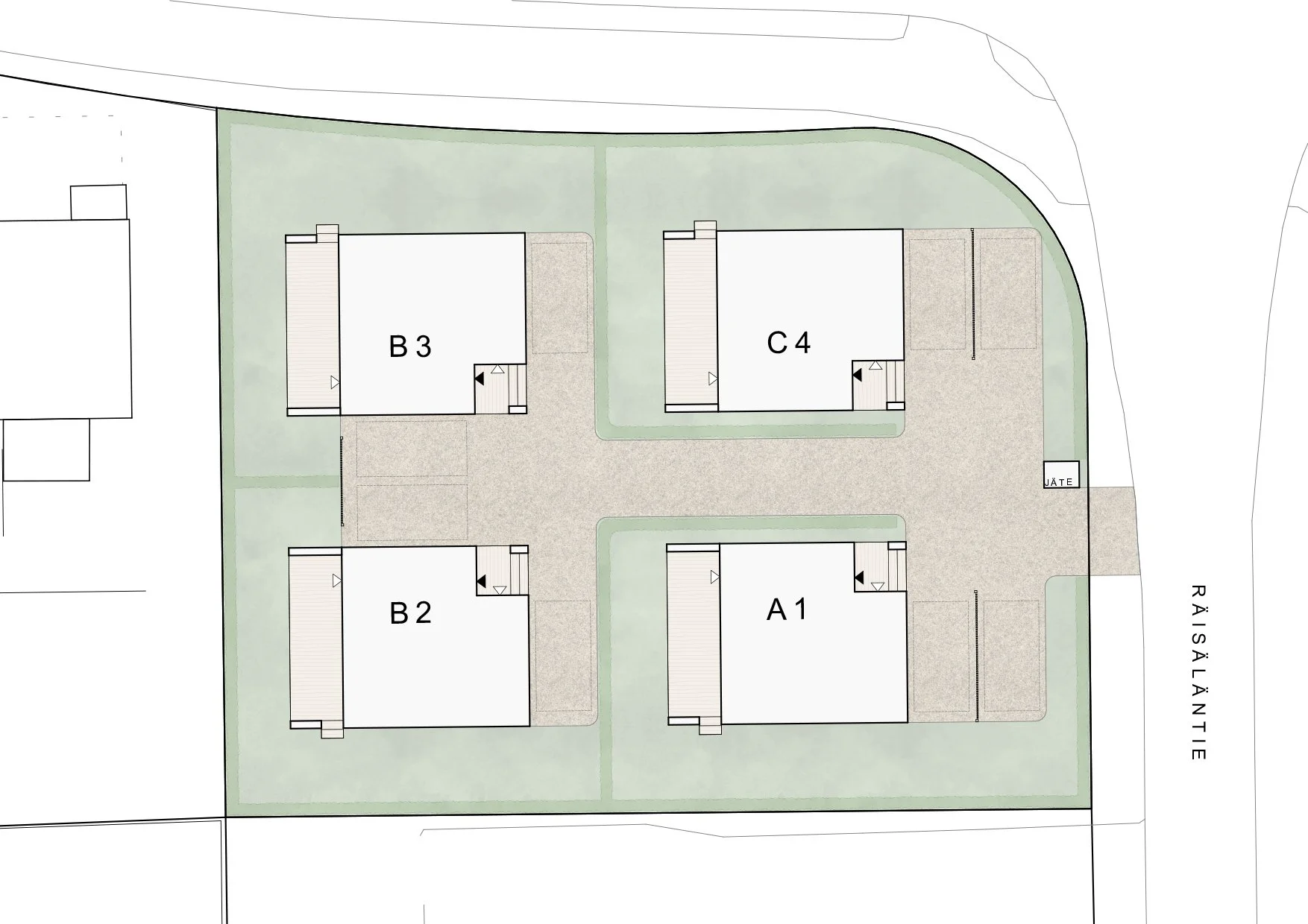 Tekninen piirustus alueesta, jossa on neljä rakennusta merkeillä A1, B2, B3 ja C4, ympärillä nurmikkö ja pysäköintialueen parkkipaikkoja, sekä jäteastia ja päärata.