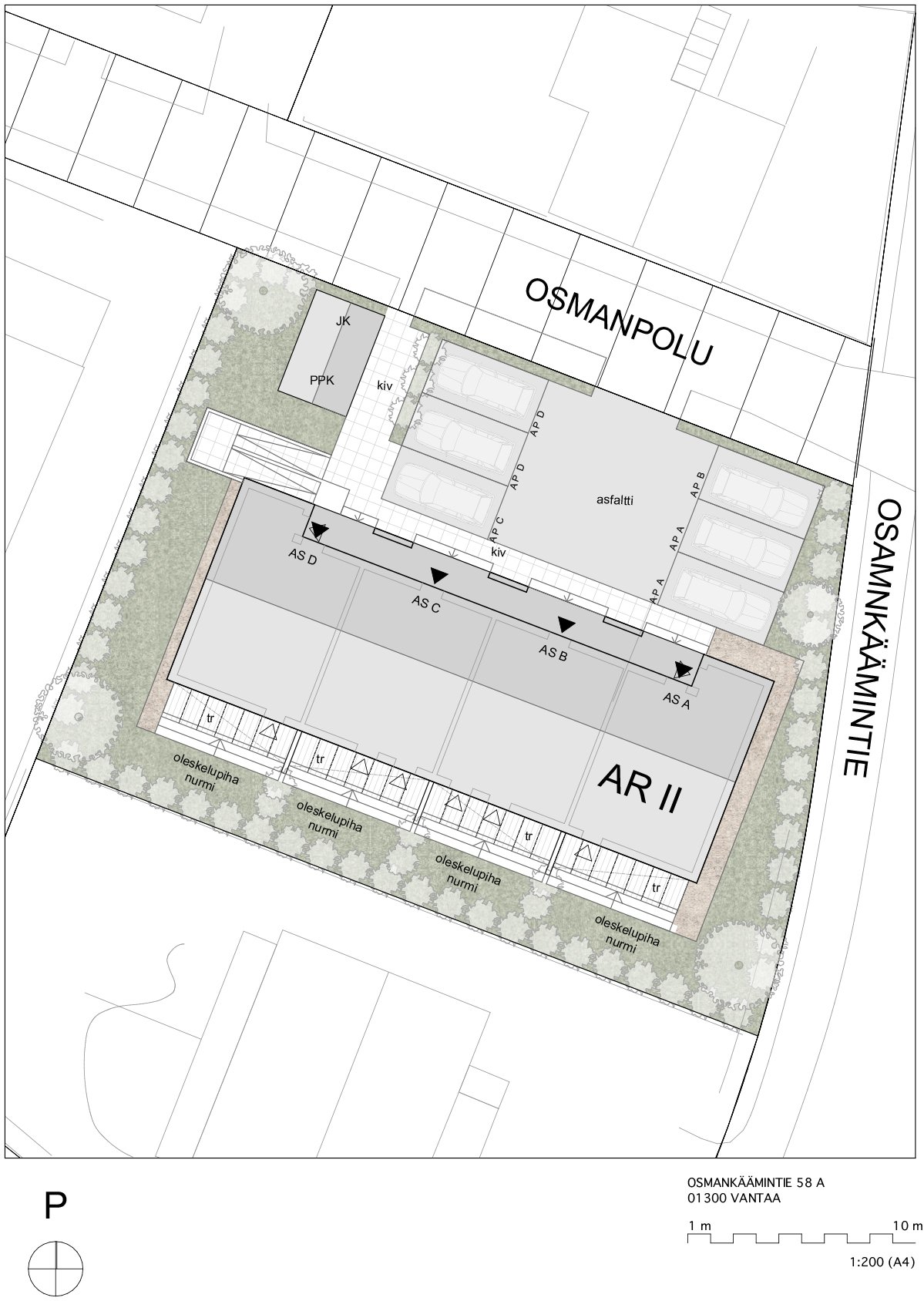 Piirustus asuinalueesta, sisältäen asuintalon, pysäköintialueet, puistojen alueet ja pihasuunnitelman keskustan lähellä osoitteessa Osmankäyntie 58 A, Vantaa.