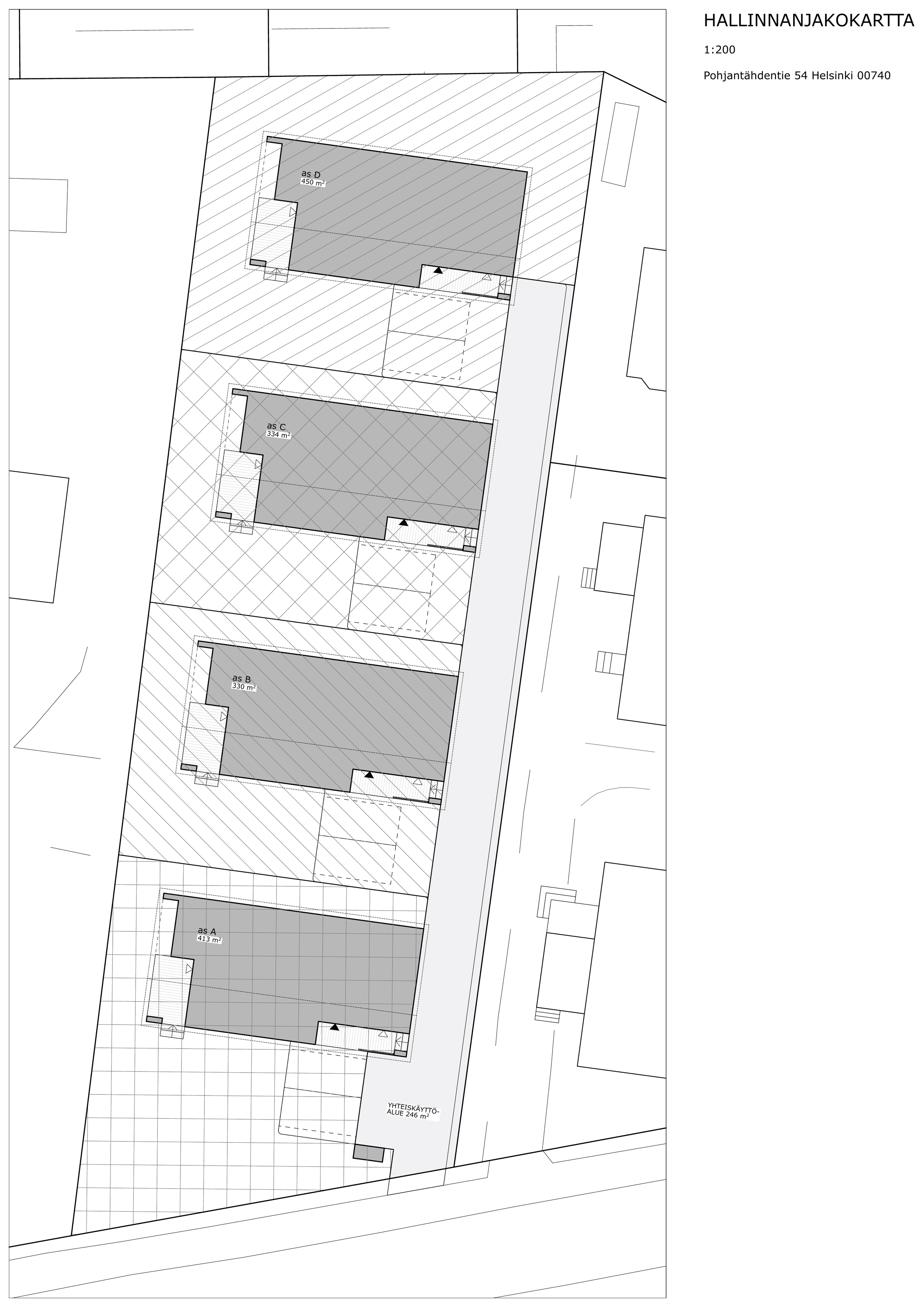 Rakennusten pohjapiirustuksia, joissa on merkittyjä huonealueita ja merkintöjä, kuten as D 450 m2, as C 334 m2 ja as B 330 m2. Kuvassa näkyy myös katu ja piha-alueita.