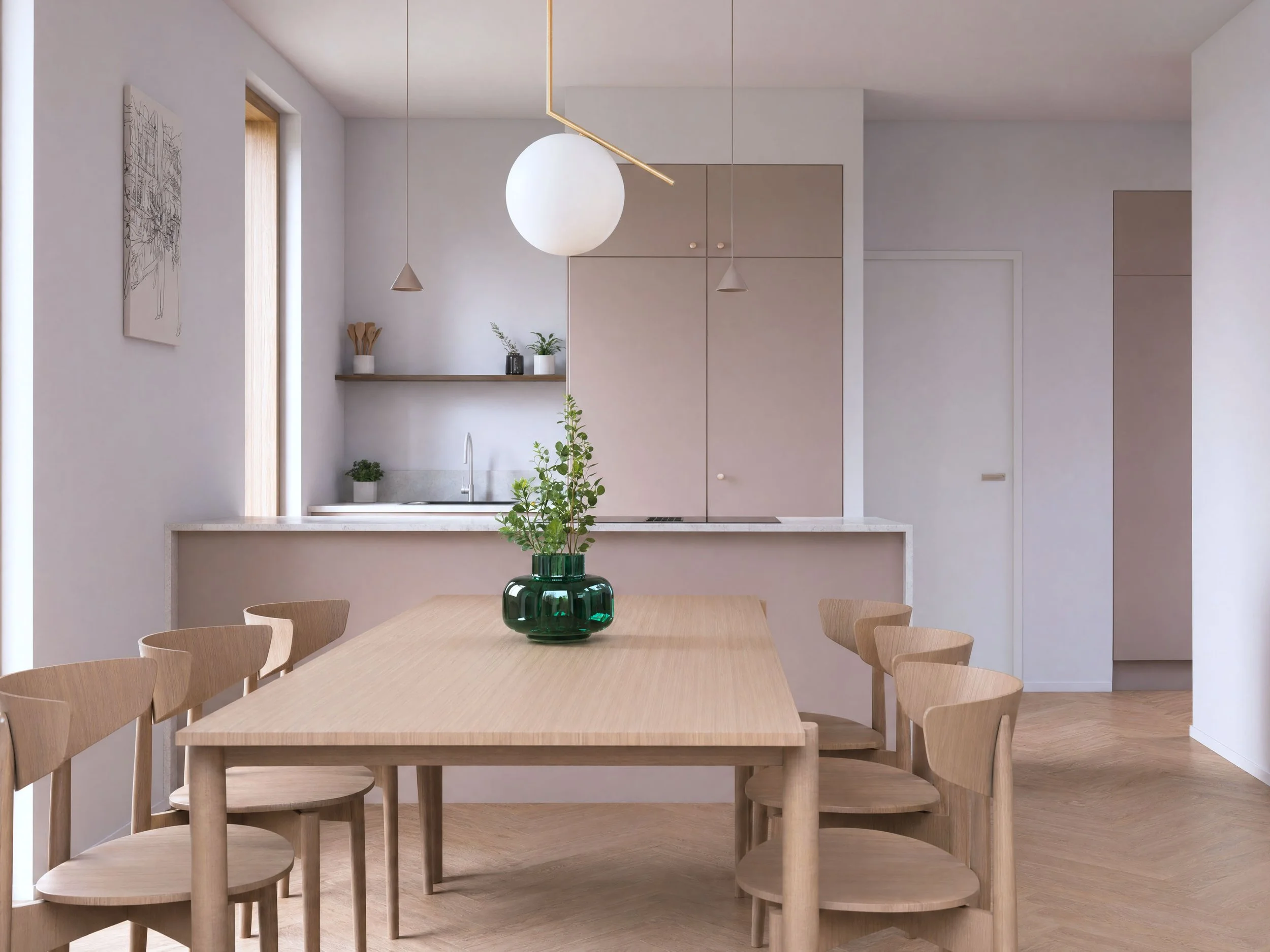 Ravintolapöytä ja tuolit, moderni sisustus, keskellä vihreä lasinen ruukku ja kasvi, taustalla keittiötaso ja kaappeja, seinä ja ikkunat, minimalistinen muotoilu.