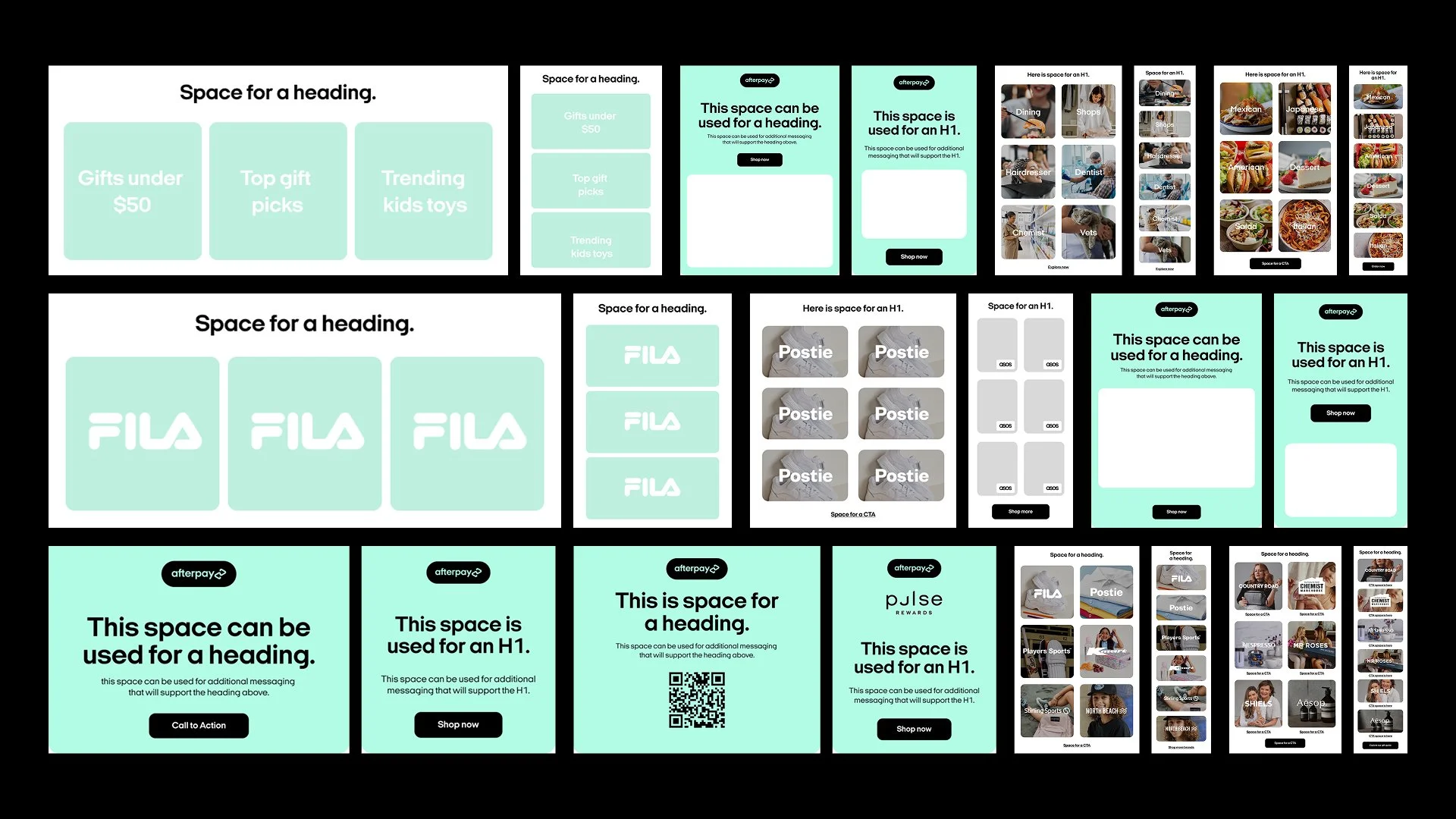 Afterpay template modules with placeholder content, showing the system structure