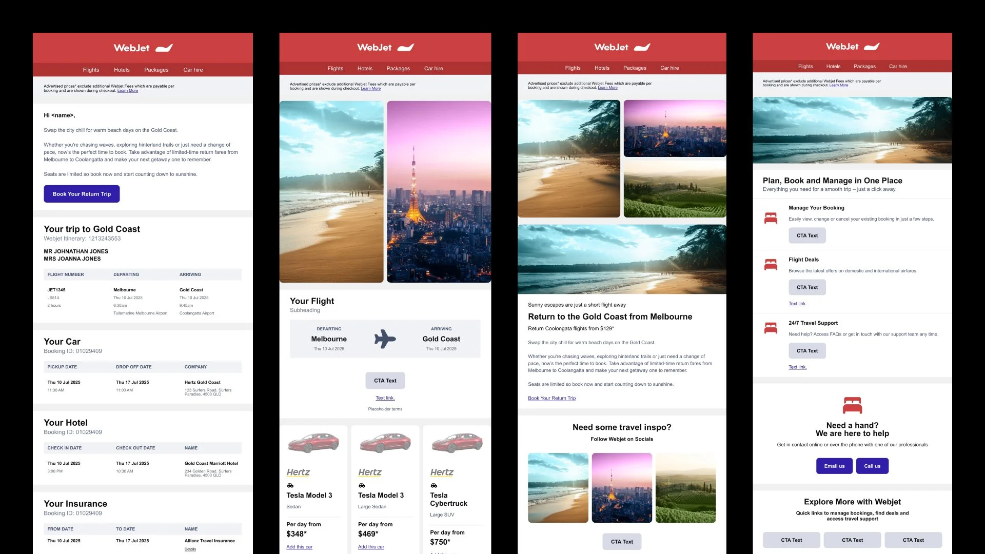 Webjet booking and itinerary emails with flight, hotel and car details