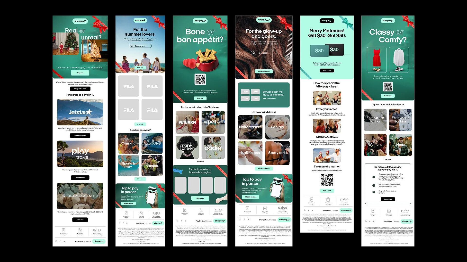 Afterpay email templates side by side, from campaign heroes to product grids