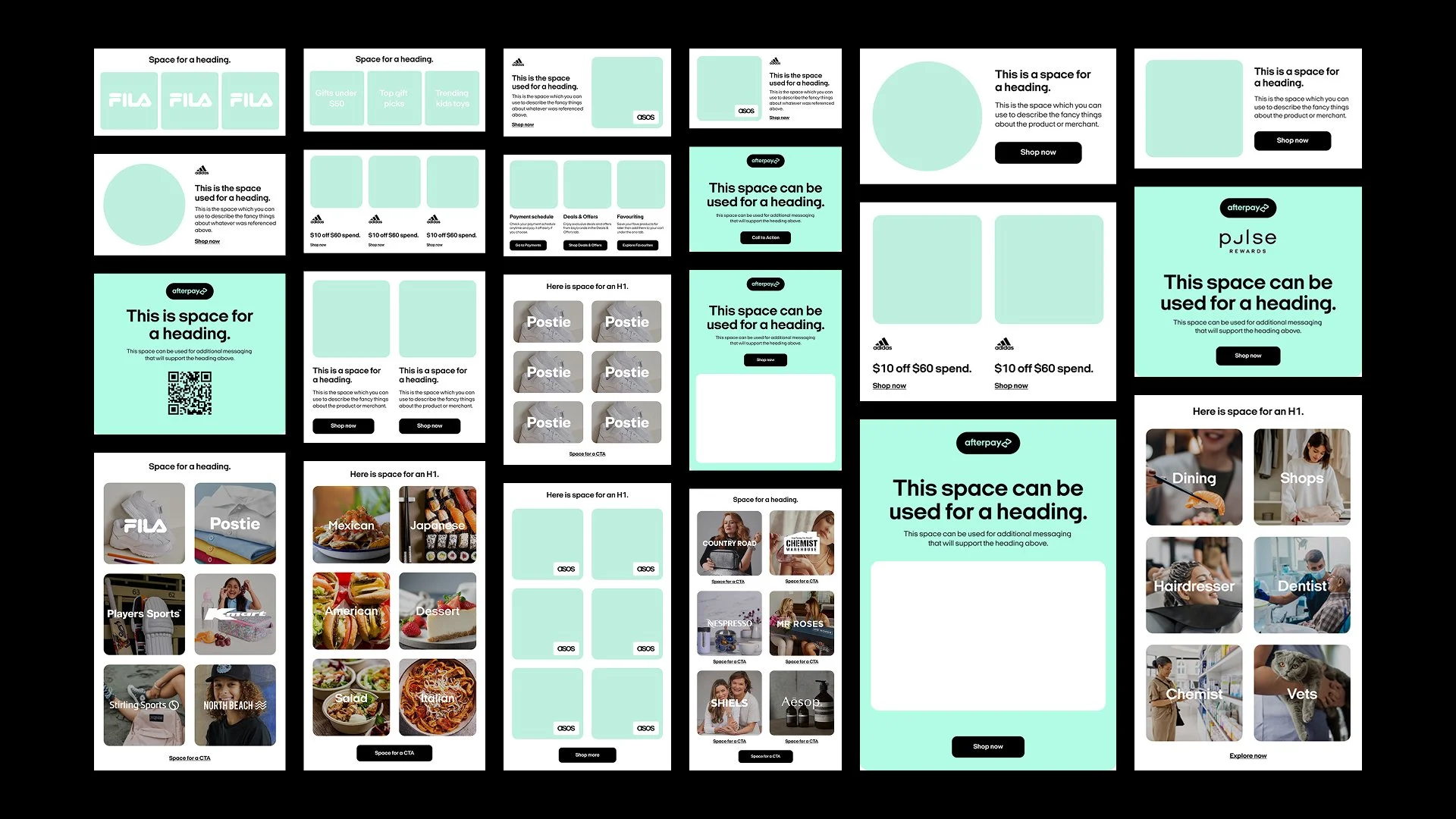 Afterpay email module library in desktop and mobile layouts