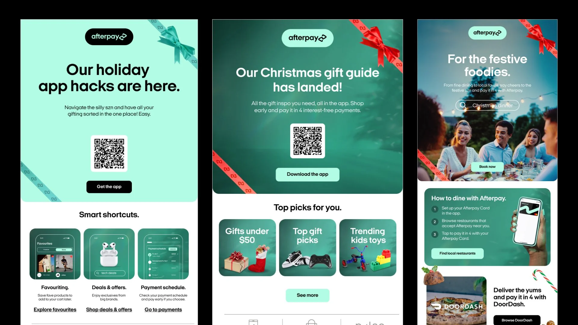 Afterpay holiday emails with QR codes, gift picks and app shortcuts
