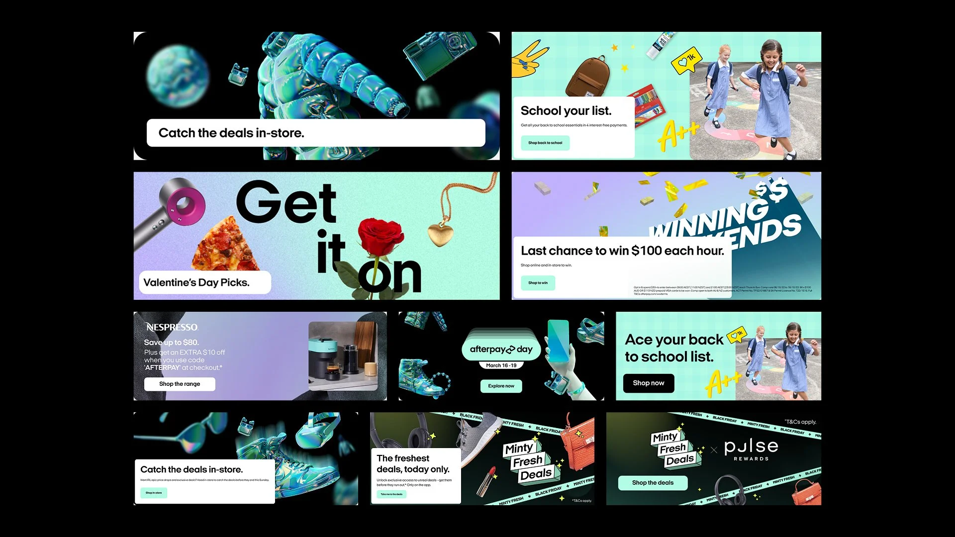 Afterpay promotional modules with bold type and product imagery