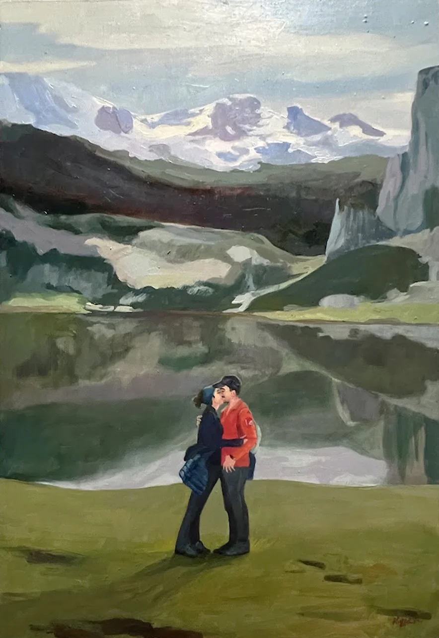 An oil painting of a couple kissing in front of a mountain landscape with a lake, mountains, and cloudy sky in Picos de Europa by Kiyary.