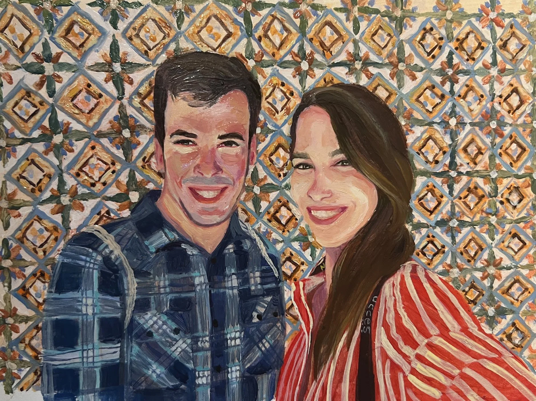 An oil painting of a young man and woman smiling and standing close together in front of a colorful tile wall, by Kiyary.