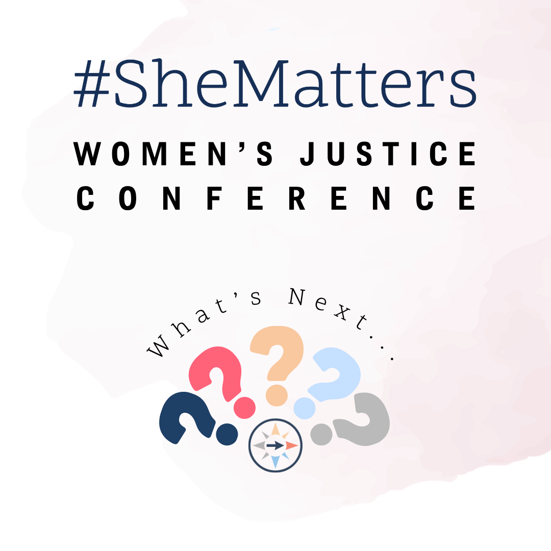 Logo for #SheMatters Women's Justice Conference featuring question marks and a compass - What's Next?