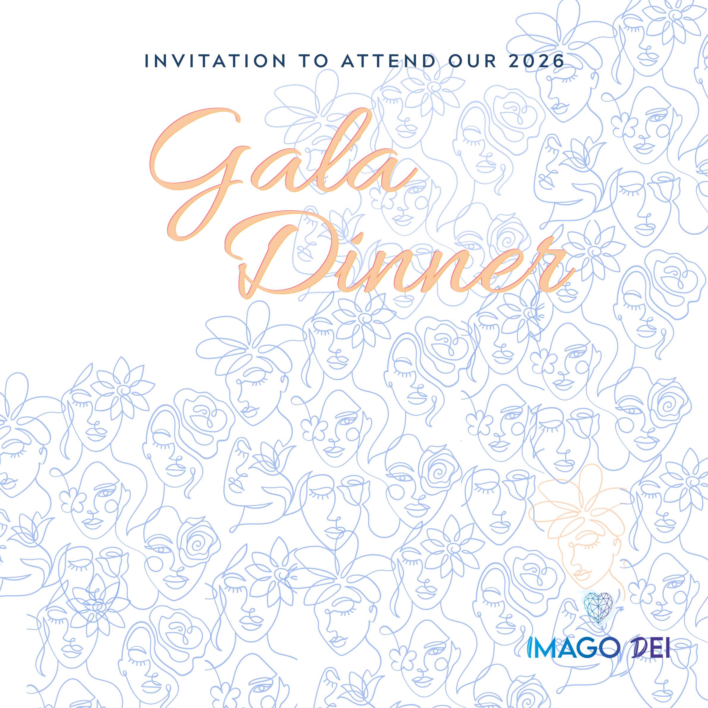 A background of many women's faces in blue, with peach coloured letters Gala Dinner, and the Imago Dei logo.