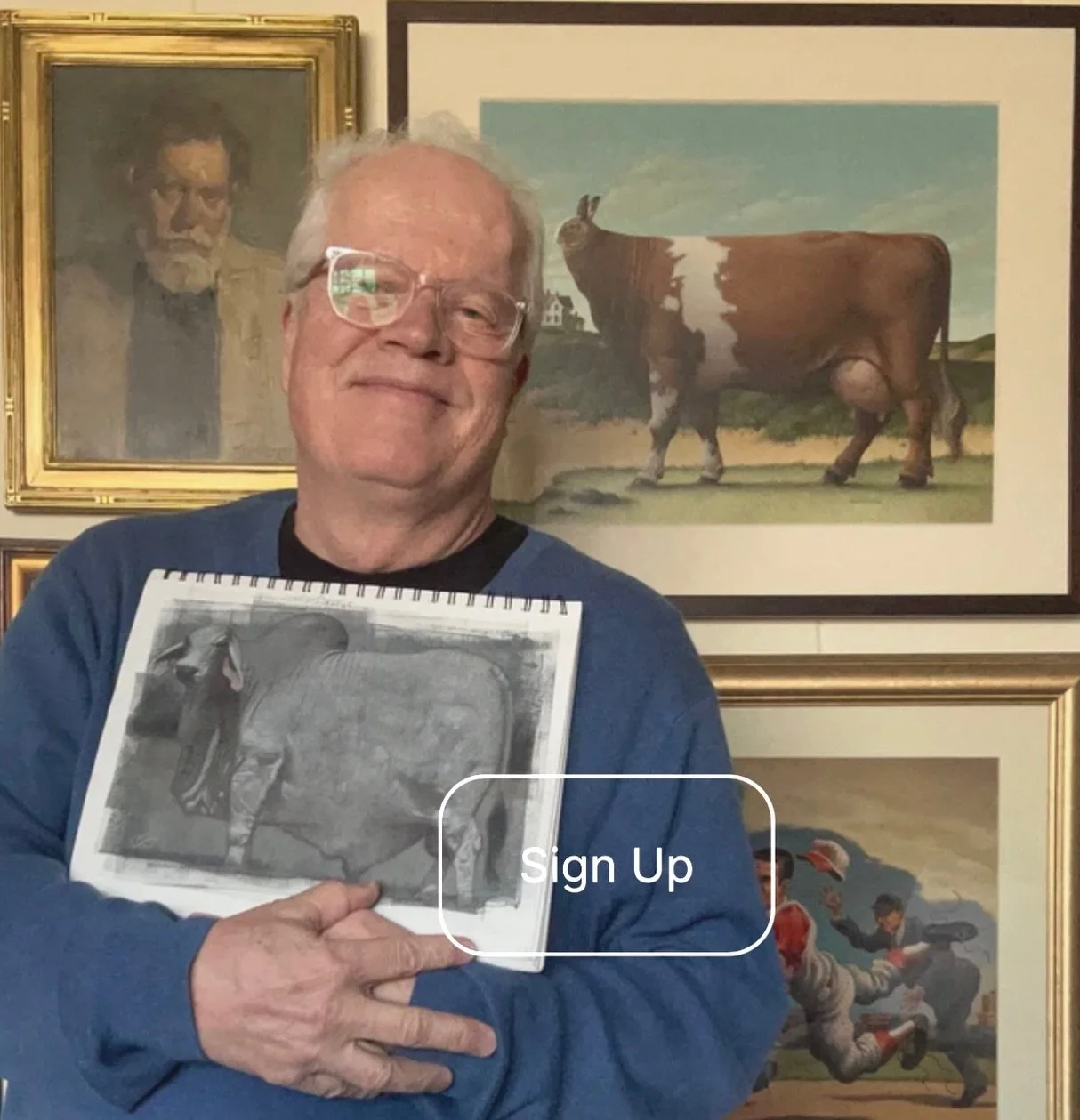 I now have a Shopify store to buy prints of my painted sketches like this one I am holding through The Print Space. Sign up to get on their mailing list using the link in my bio. My ReadersDigest and state birds and cows are still purchased through m