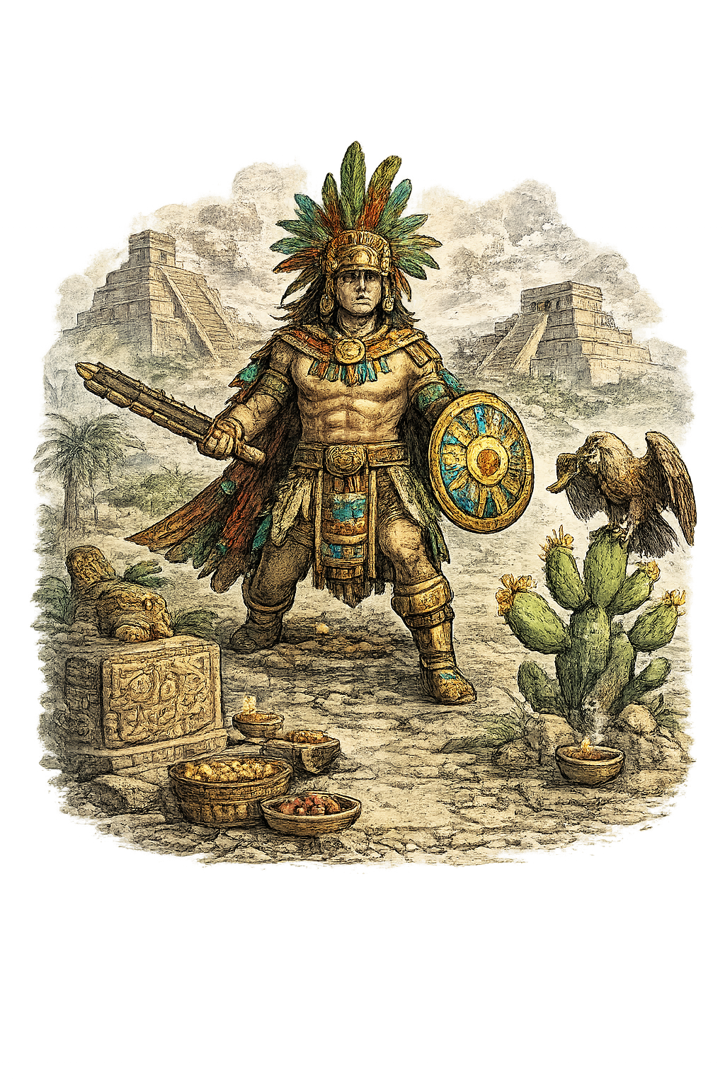 Aztec Warrior next to an eagle sitting on a cactus