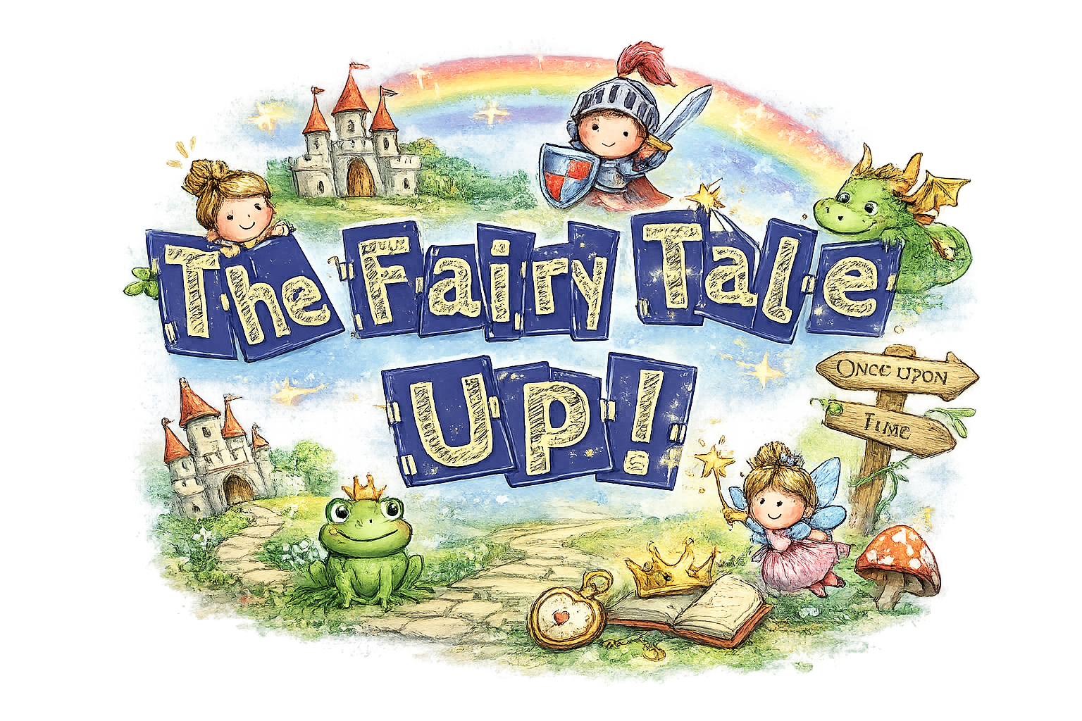 Fairy tale characters holding up text, castles and toadstools