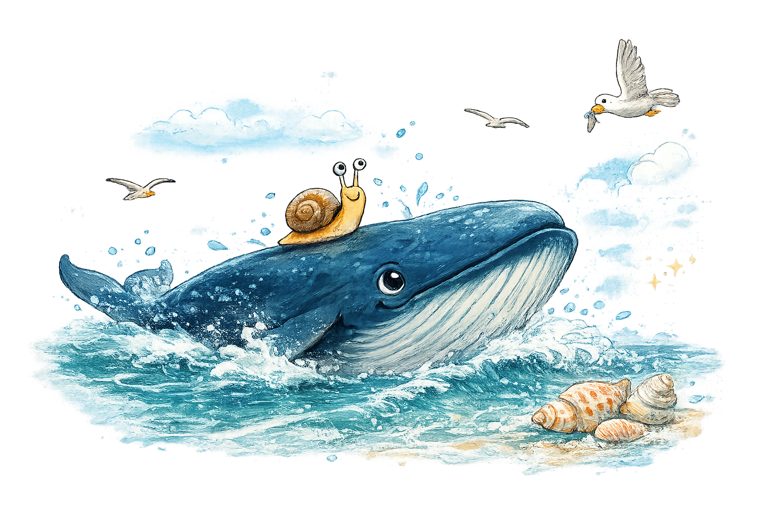 snail riding on the back of a whale the shells waves and seagulls