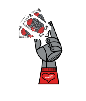 A black and white illustration of a hand with a red heart on the wrist reading "Love Asheville," with the thumb and index finger raised in a peace sign, and a woman's face with closed eyes and flowing hair in the background, surrounded by musical notes and floral elements.