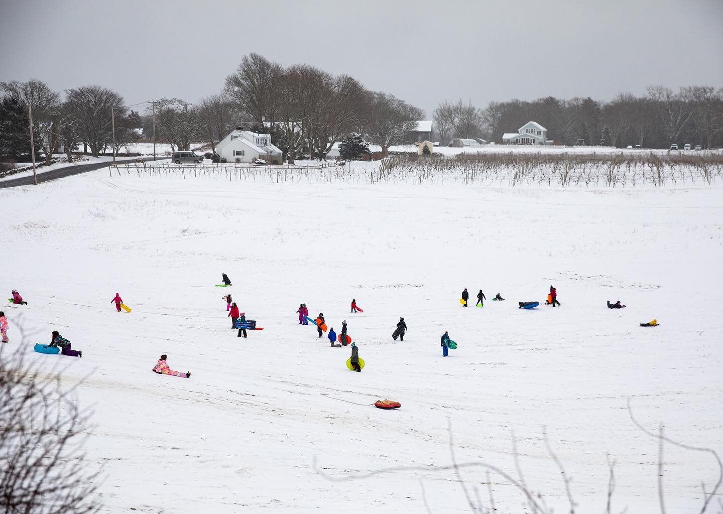 Colorful sledders at Potato Hill enjoy another day in the snow ❄️ share your favorite Farmcoast snow activities 
......................................
📸: @isaimages 
#farmcoast #potatohill #snowday