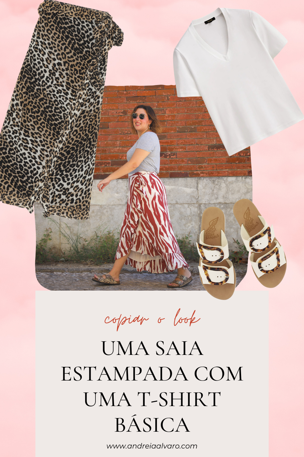look - saia midi com padrão e t-shirt básica