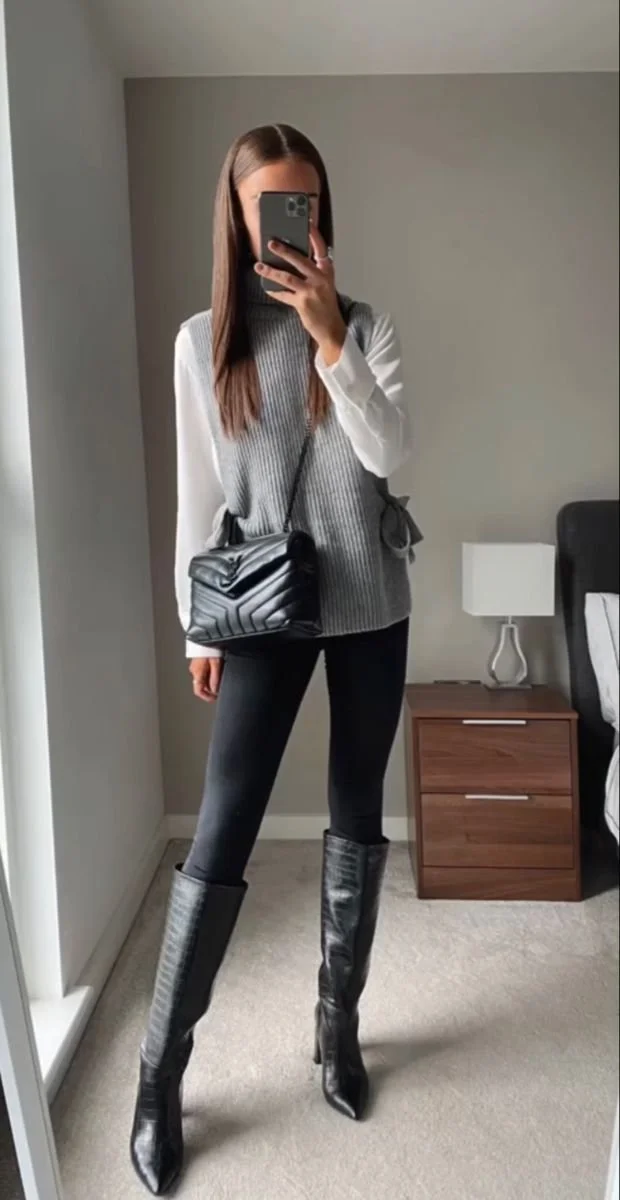 Conjunto prático com botas altas, leggings pretas e camisolão de lã oversized..jpeg