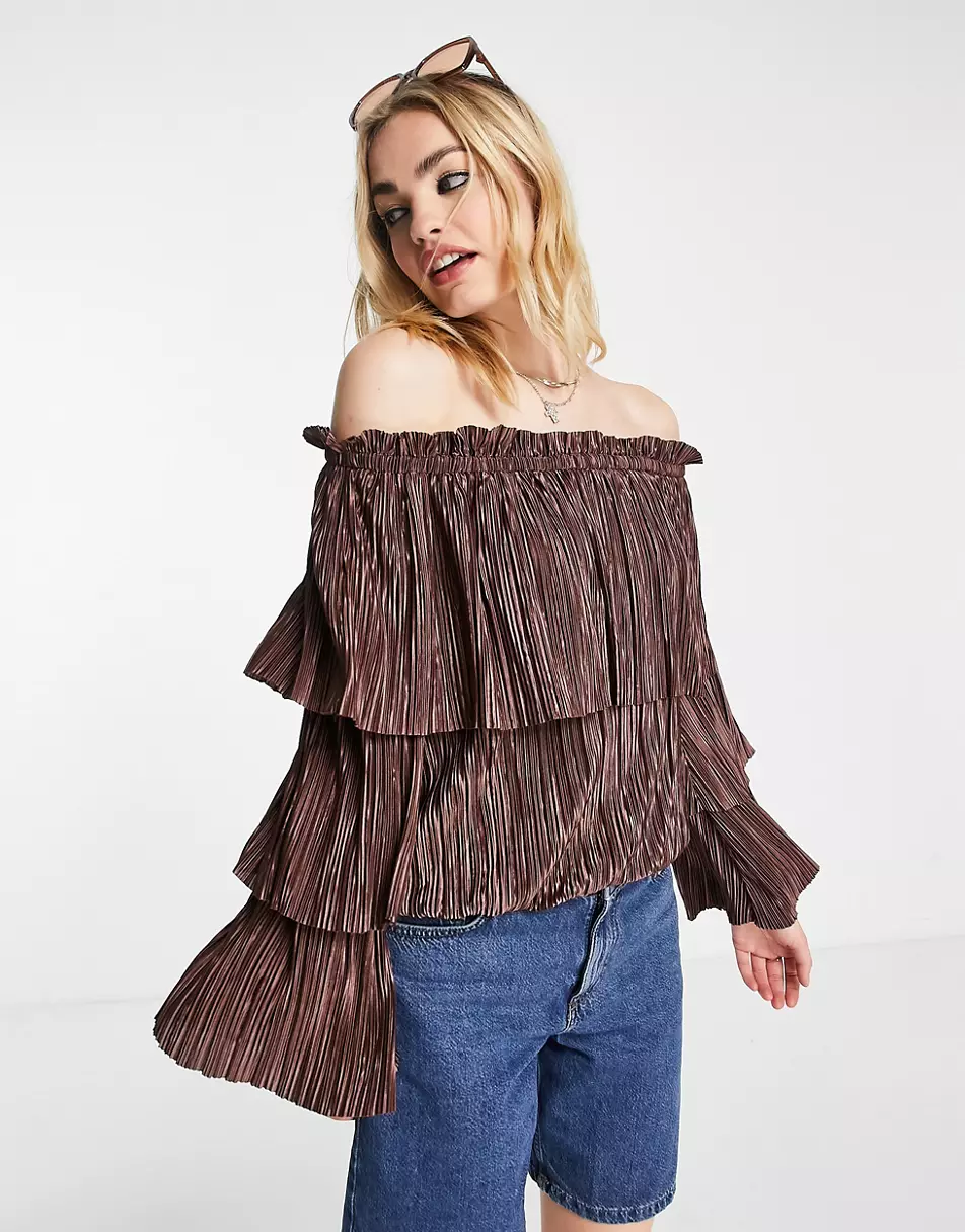 River Island plisse bardot top in brown _shopping online.png
