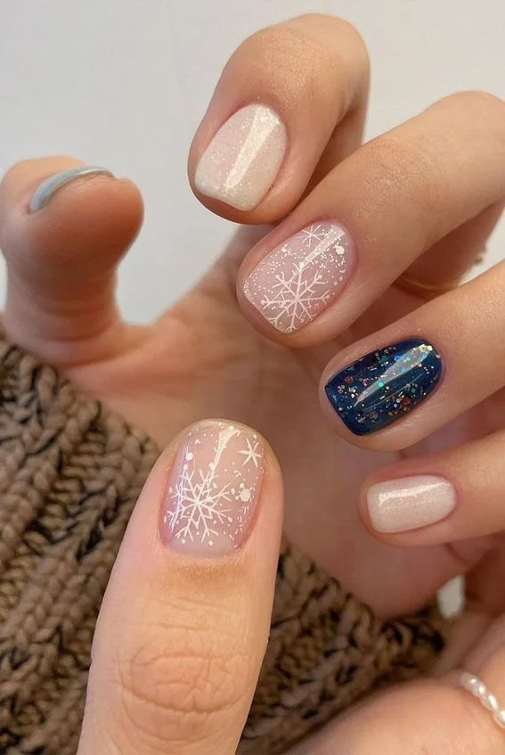 27 Best Holiday Nail Art Designs _ Navy Blue and Snowflake Nails.jpeg