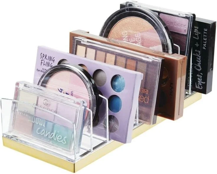  Organizador de maquilhagem em plástico, classificador com 9 compartimentos para organizar maquilhagem, bandeja organizadora para lavatório, toucador ou armário, transparente/dourado latão
