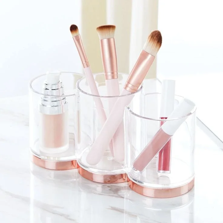 Organizador prático de cosméticos: sistema de organização para pincéis de maquilhagem e rímel – frasco de plástico com 3 secções para guardar maquilhagem, transparente e dourado avermelhado