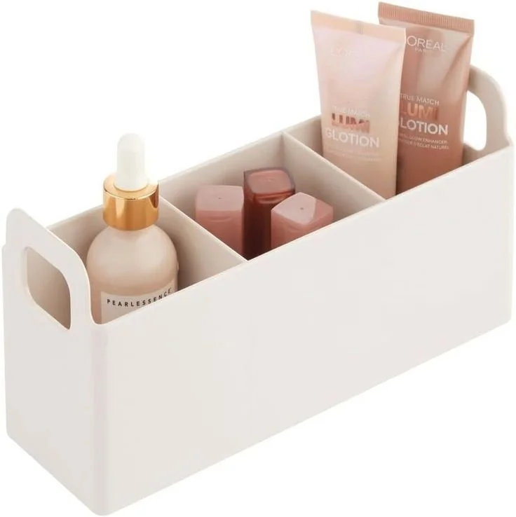 Organizador de maquilhagem com alças para prateleira de casa de banho, prático recipiente de plástico com 3 divisões para maquilhagem e pintaunhas, caixa com compartimentos de plástico sem
