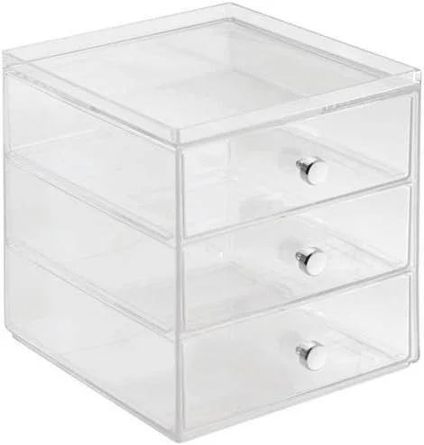 Organizador de maquilhagem com 3 gavetas, compacto miniconfortável empilhável de plástico, mini cómoda para produtos de beleza e cosméticos, transparente, 1 x espelho