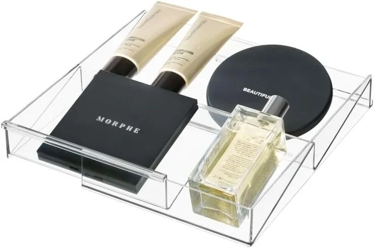 Organizador de maquilhagem, organizador de gavetas removível com 3 compartimentos da série The Home Edit by iDesign, organizador de casa de banho de plástico, transparente