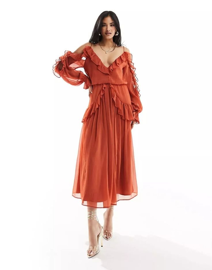 ASOS DESIGN ruffle off shoulder midi dress in rust _ ASOS.jpeg