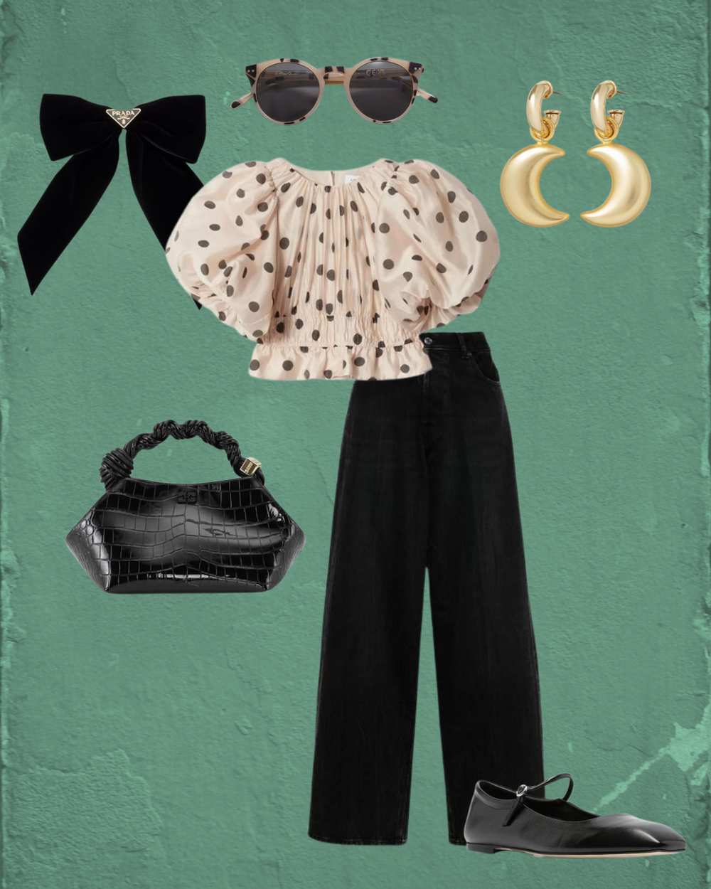 look-elegante-blusa-bolinhas-romantica-calcas-pretas-cintura-alta-sapatilhas-mary-jane-pretas-bolsa-estruturada-shopping-online.png
